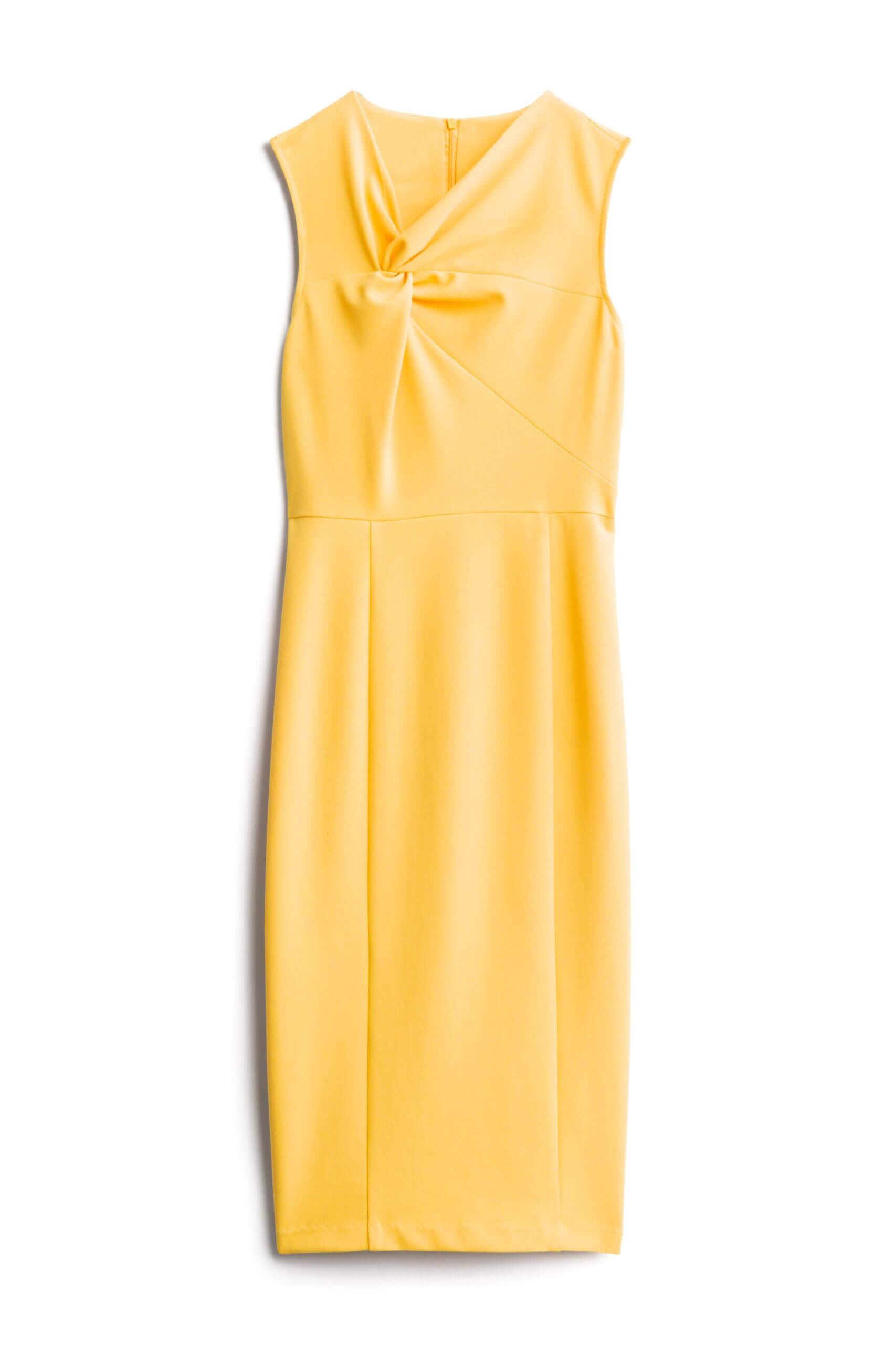 Stitch Fix Women’s dress featuring yellow shift dress with front knot gathered detail.