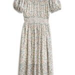 Stitch Fix women's cottagecore style white, blue, pink and green floral print midi dress.