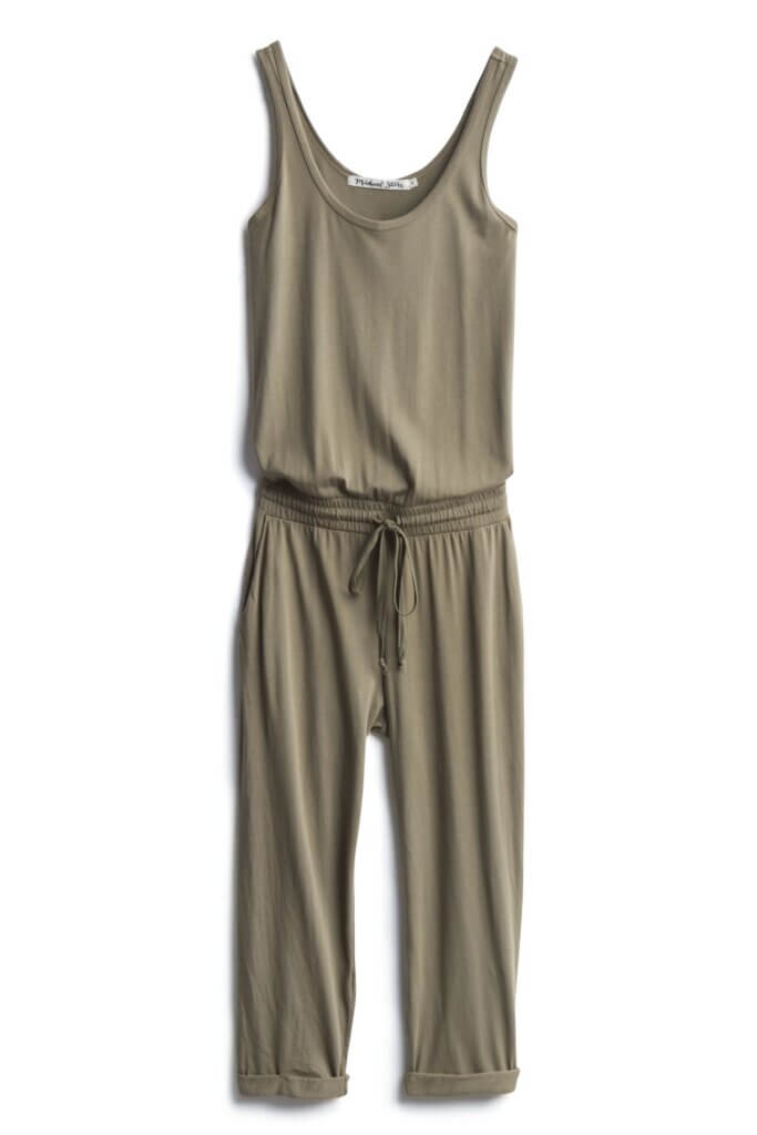 Stitch Fix Women’s Collection featuring olive green knit jumpsuit with drawstring waist.