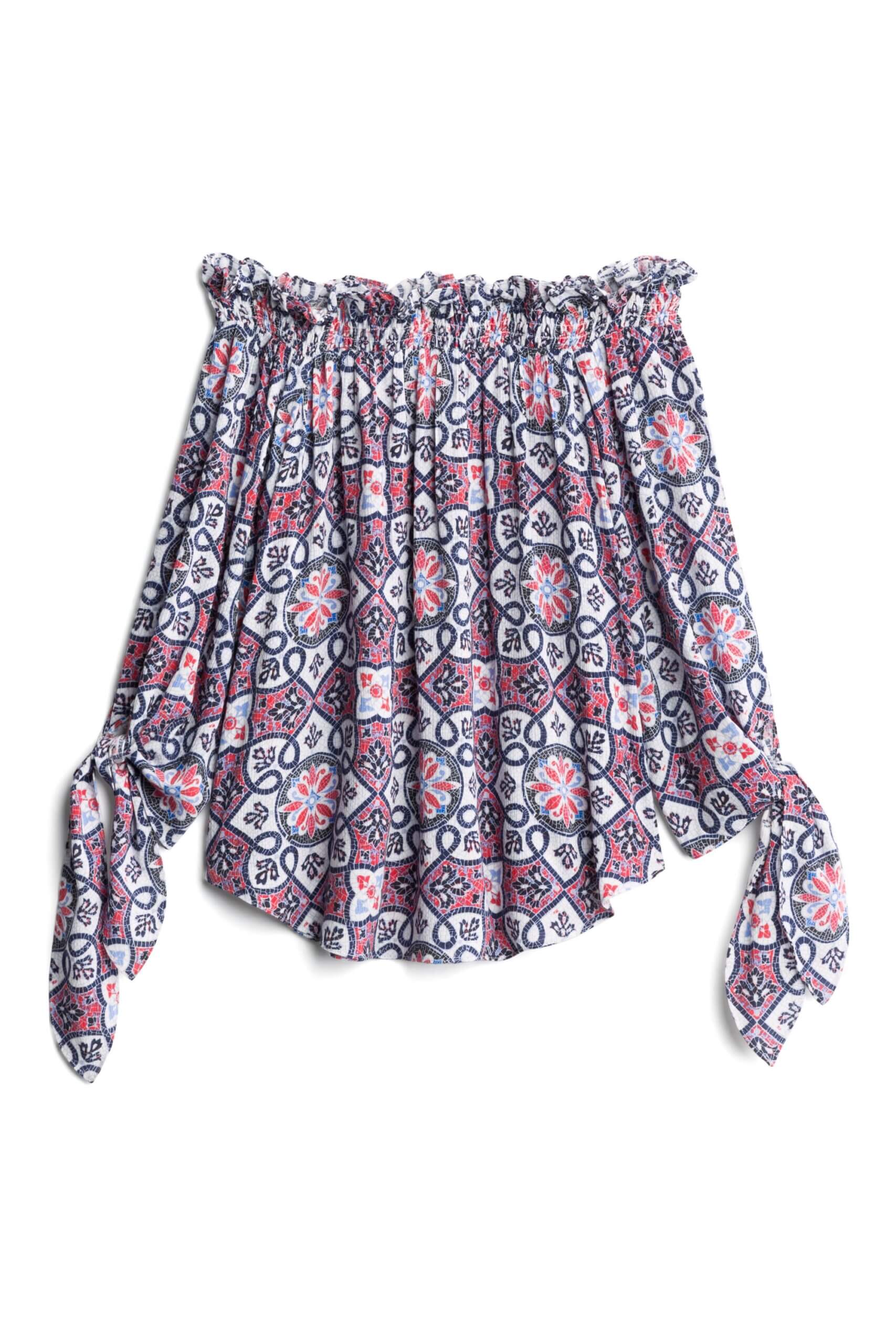 Stitch Fix women’s purple and white mosaic print smocked off-the-shoulder top with tie-sleeve detail.