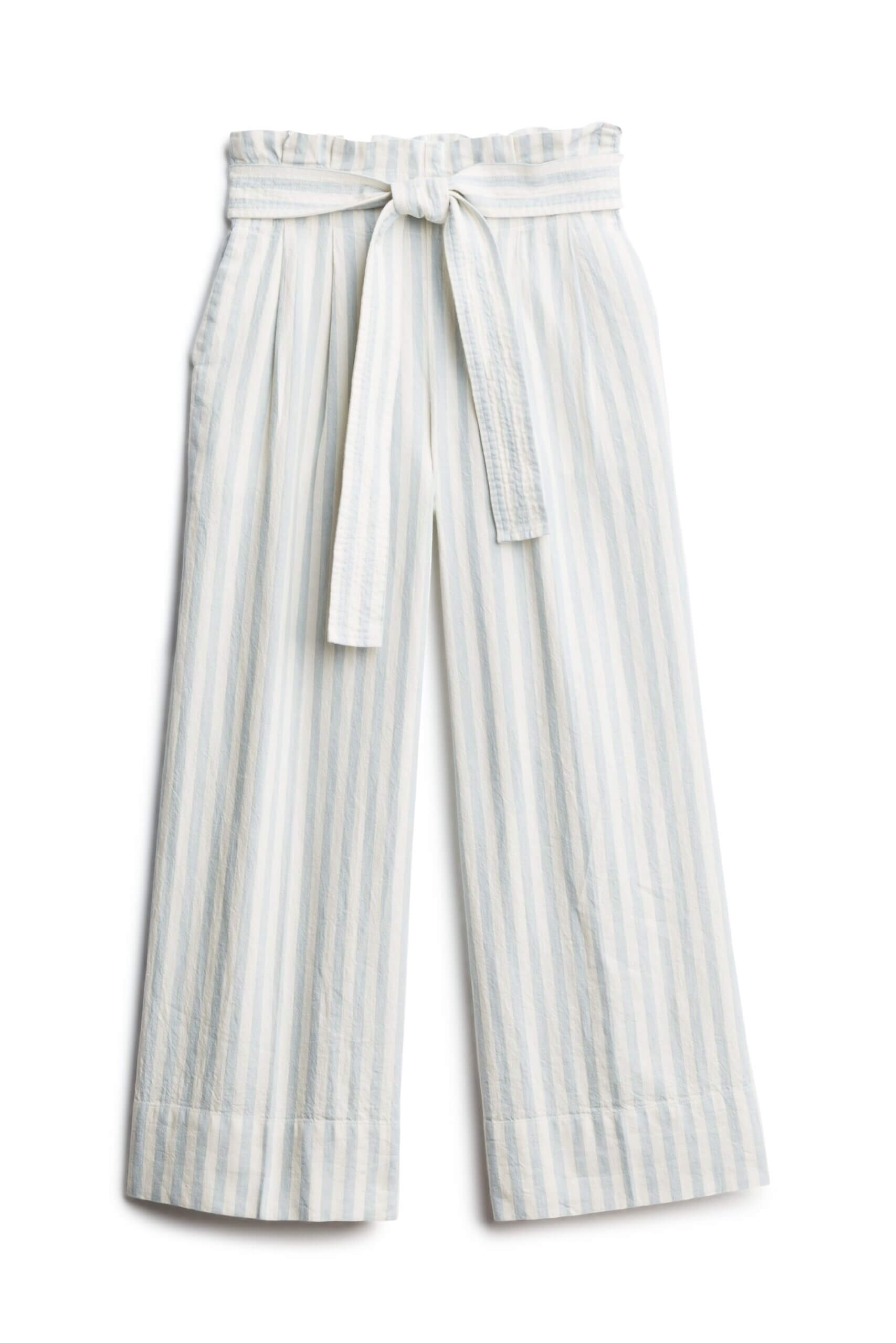 Stitch Fix Women’s collection white and grey stripe cropped wide-leg trousers with tie waist detail.