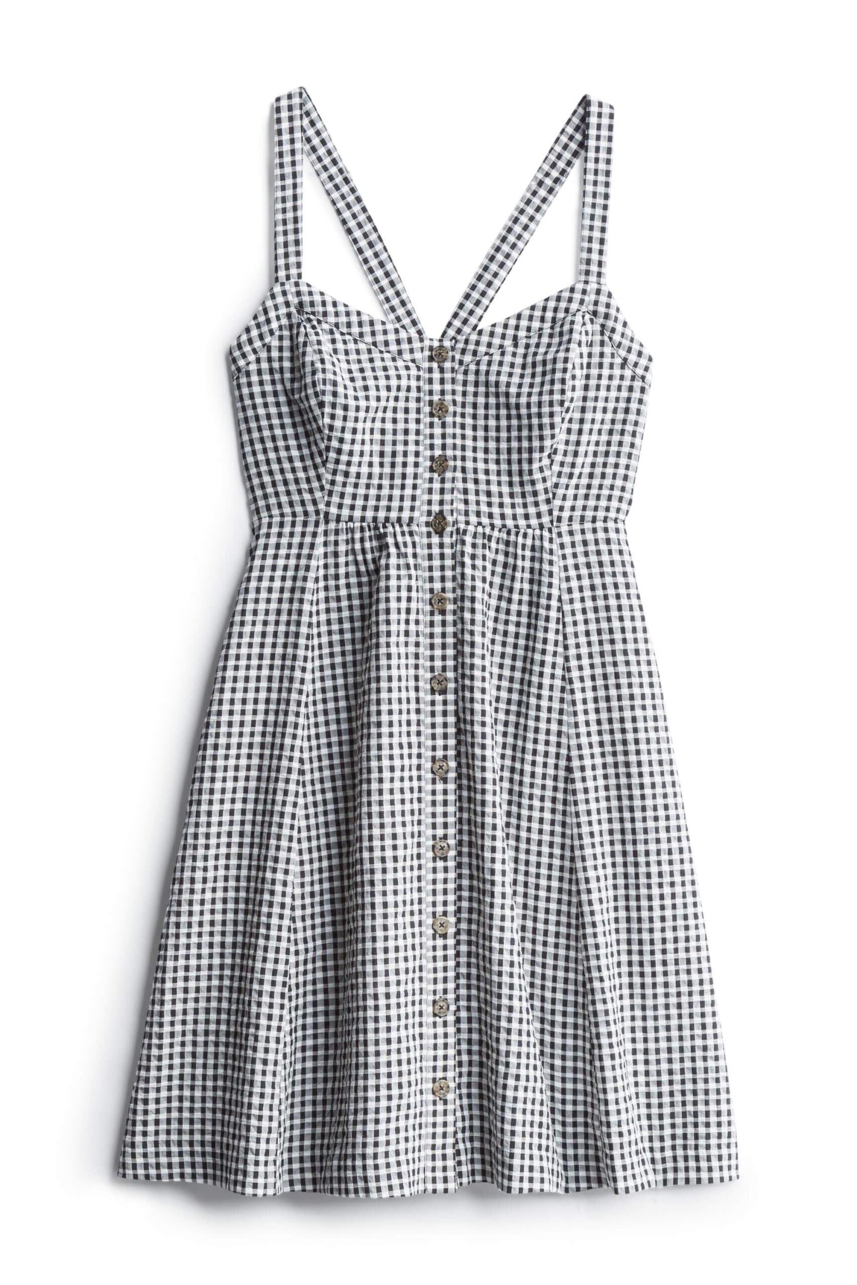 Stitch Fix Summer Cocktail Attire navy gingham button-front dress.