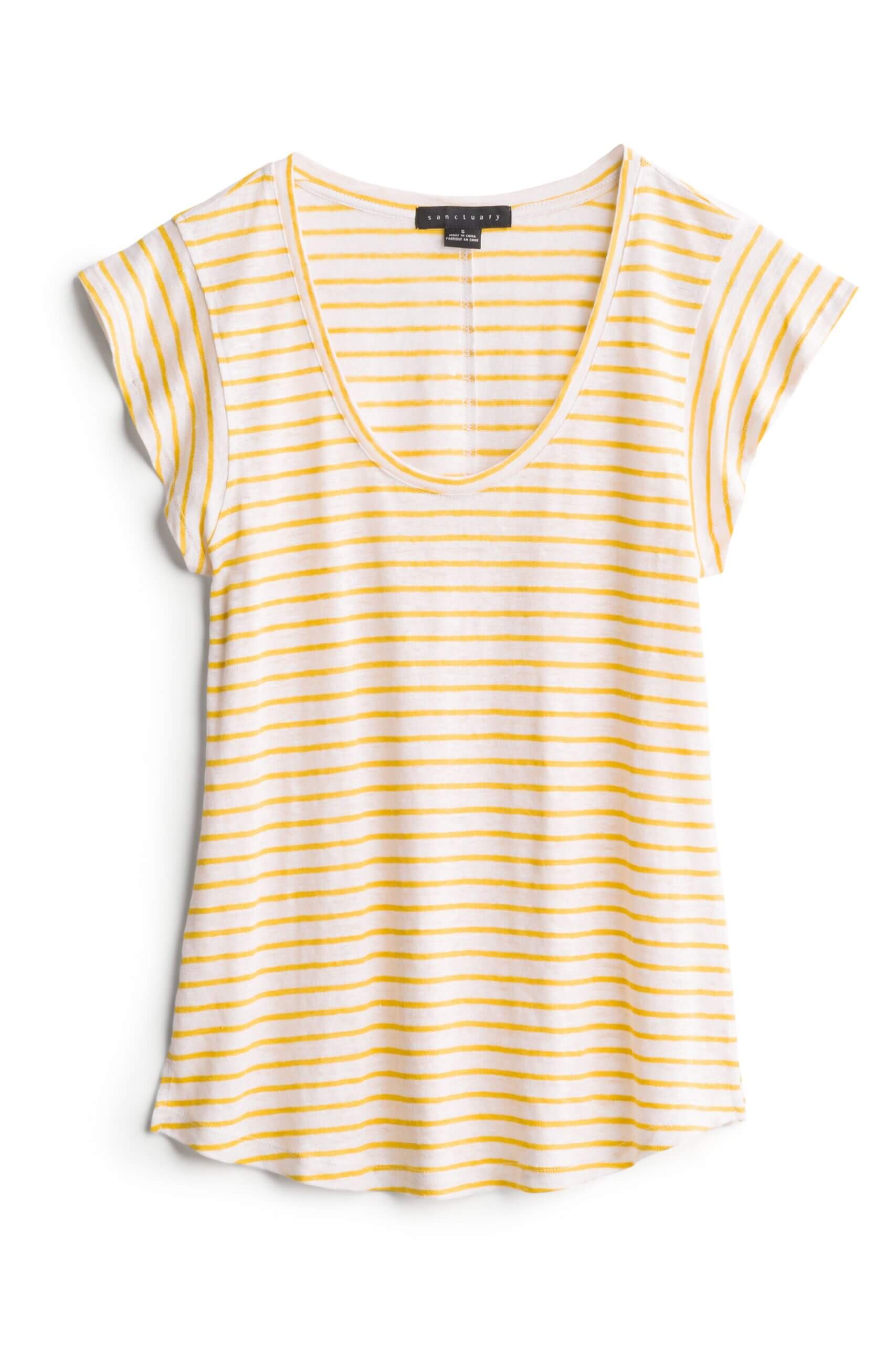 Stitch Fix women's yellow striped flutter sleeve t-shirt.