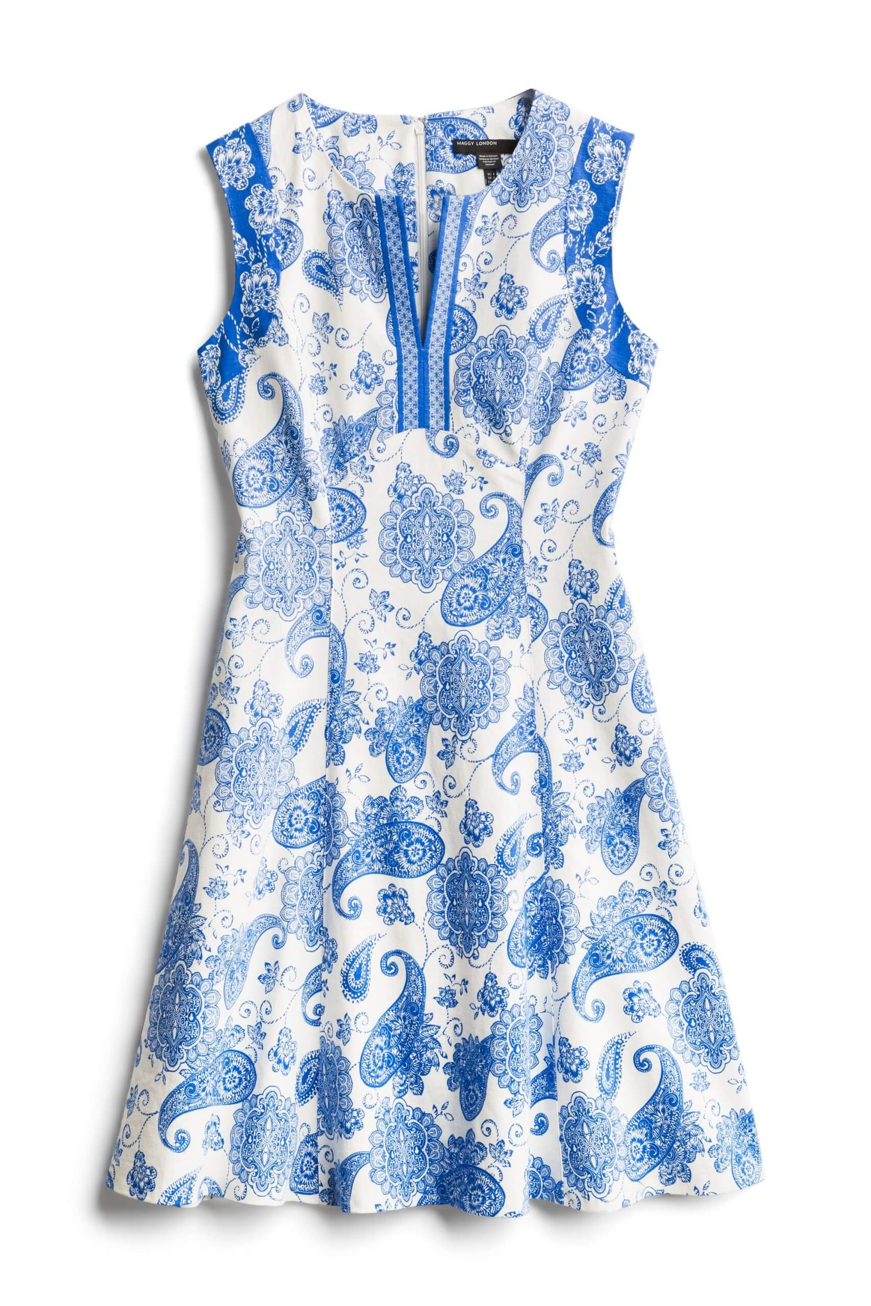 Stitch Fix Women's blue and white paisley print fit and flare dress.