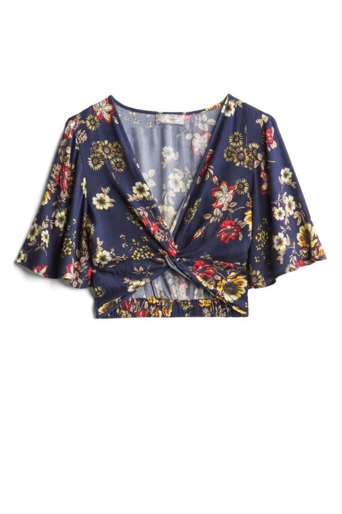 Stitch Fix women’s cropped blue, green and red short-sleeve shirt.