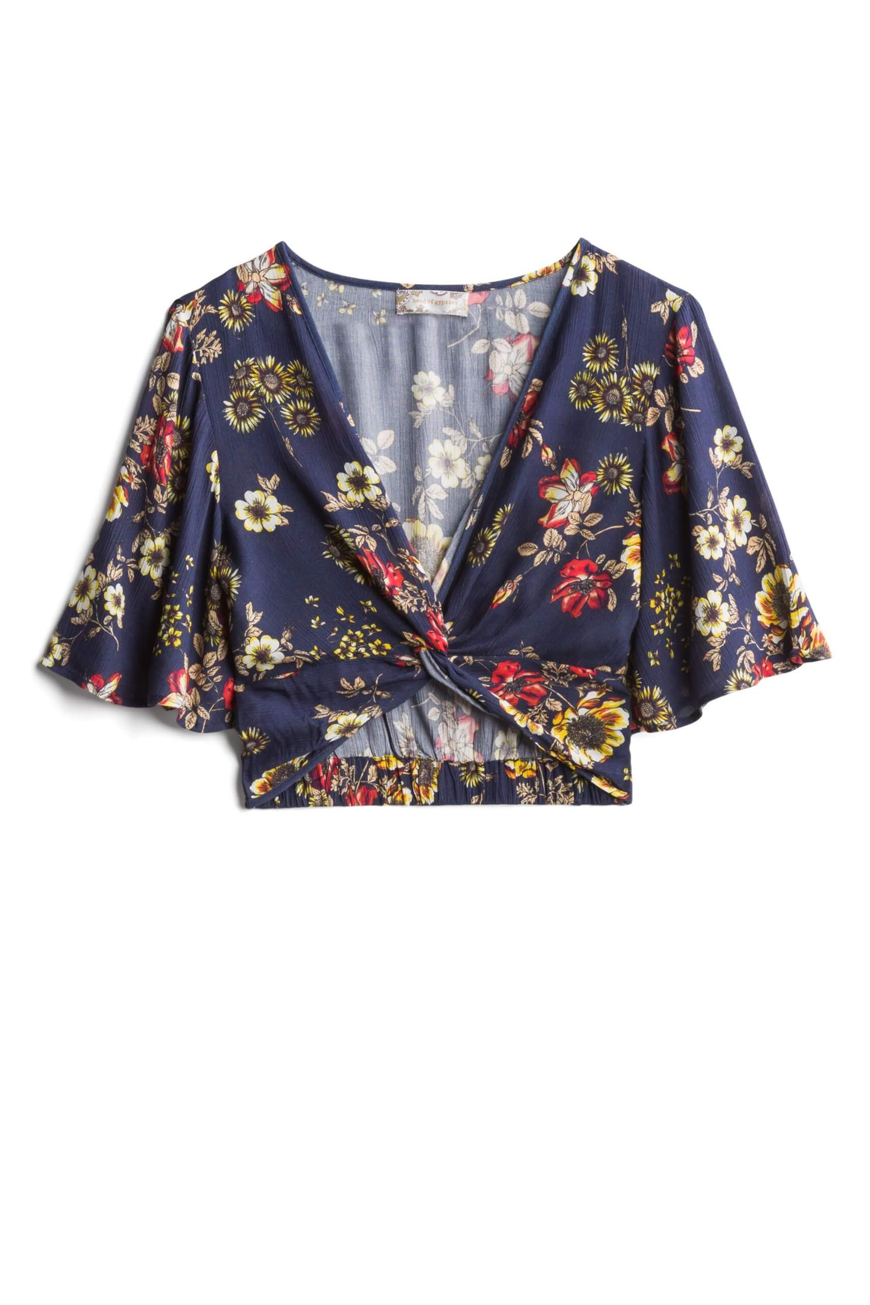 Stitch Fix women’s cropped blue, green and red short-sleeve shirt.