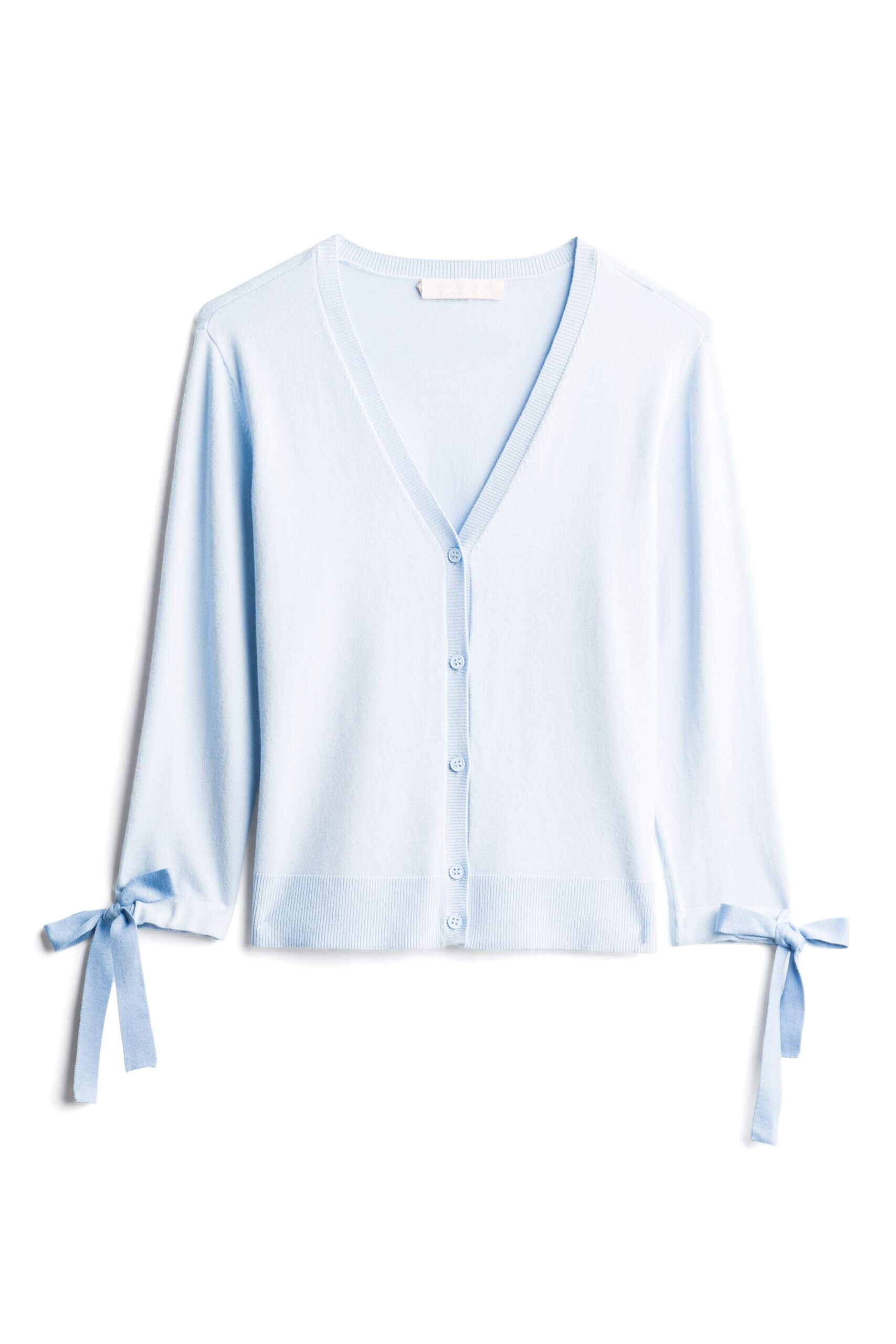 Stitch Fix Women’s collection light blue v-neck button-up blouse with tie sleeve detail.
