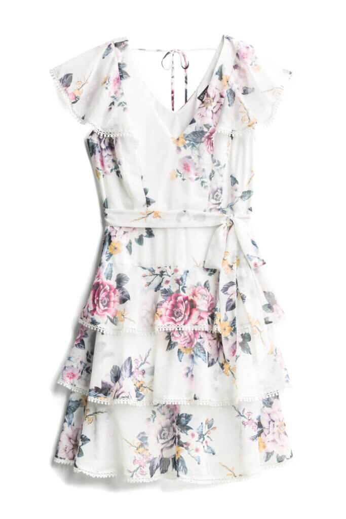 Stitch Fix Summer Cocktail Attire white floral a-line, v-neck dress with ruffle skirt and tie waist.