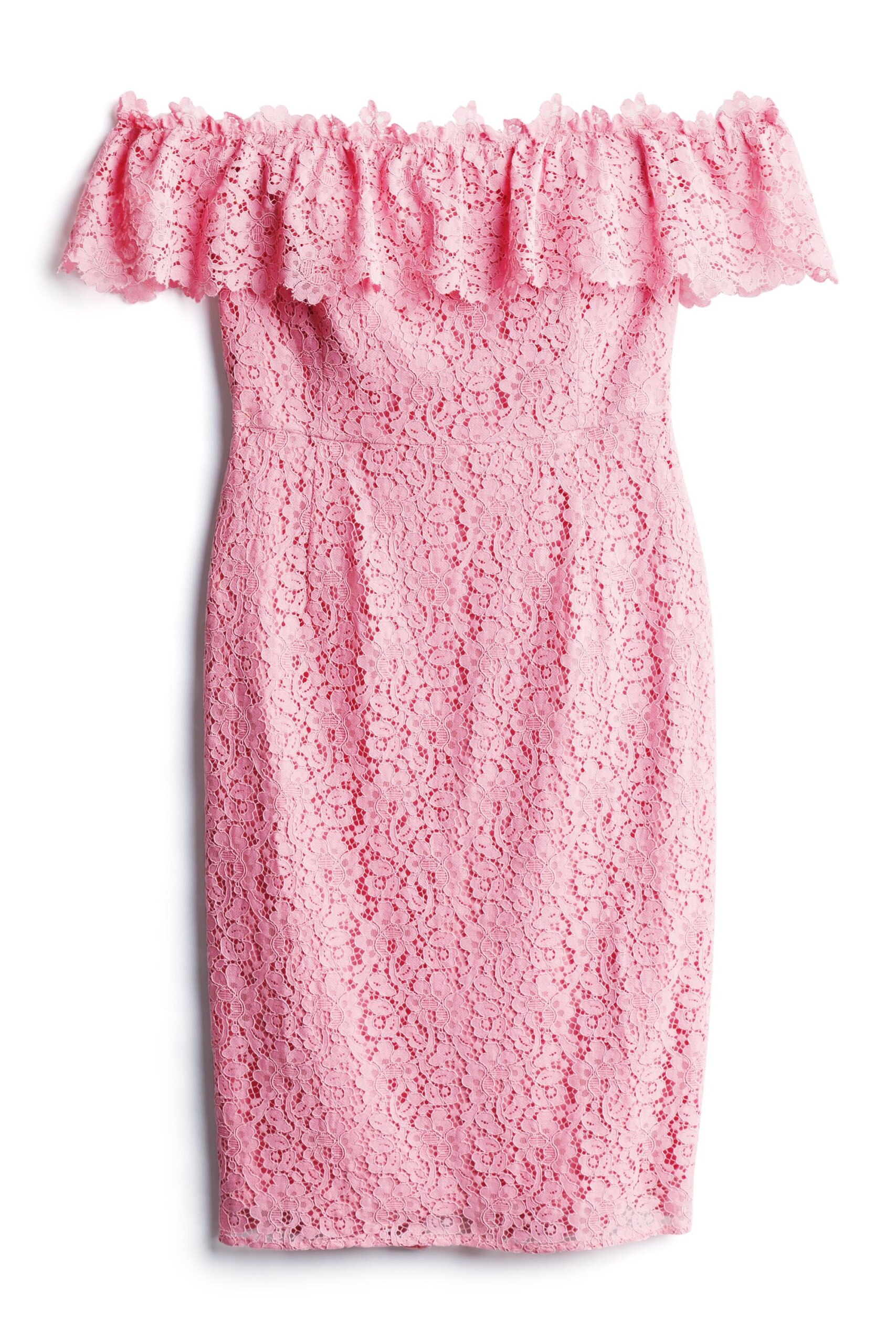 Stitch Fix women’s pink lace off-the-shoulder dress.