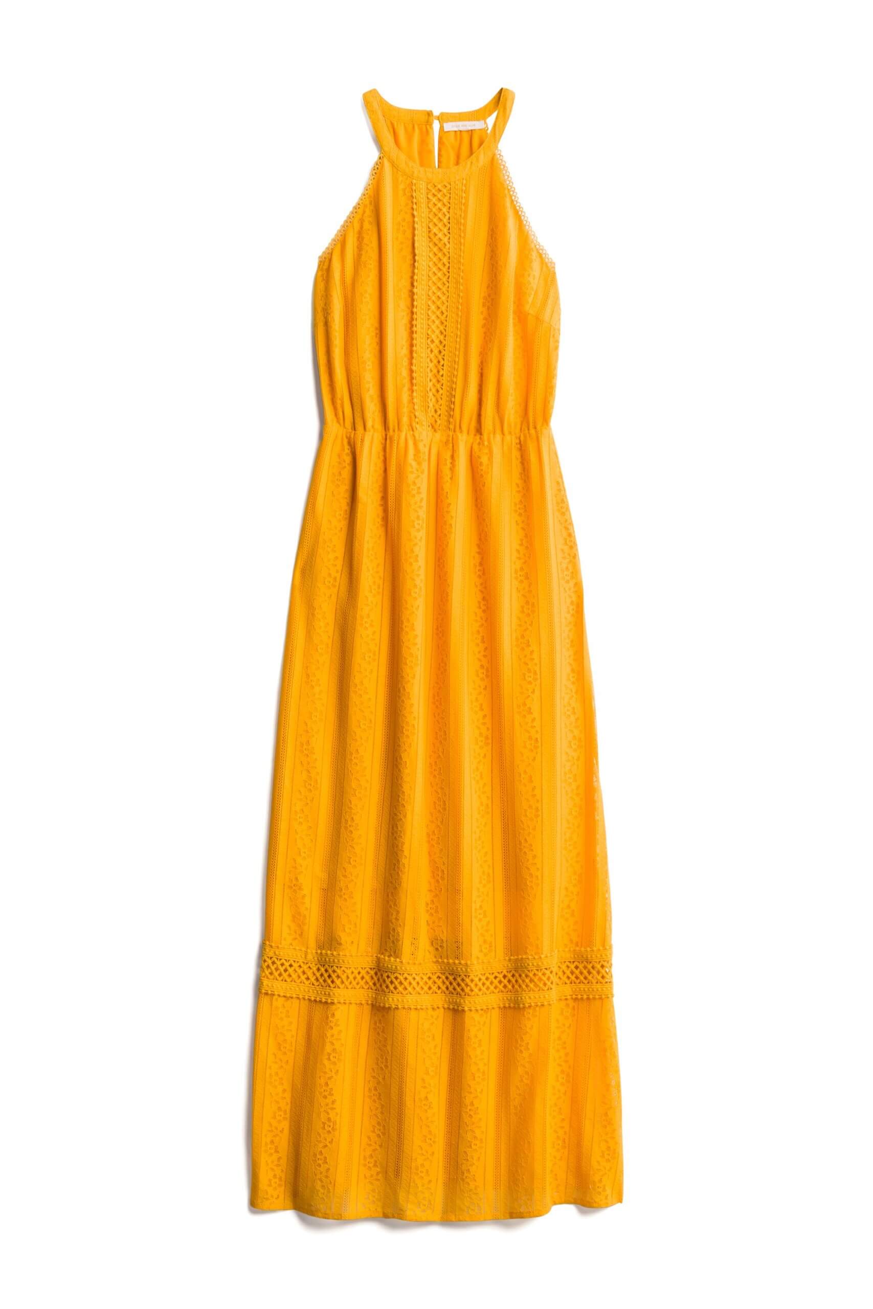 Stitch Fix Desert Daze Trend yellow midi dress with halter neck and embroidery details.