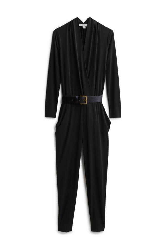 Stitch Fix women’s black jumpsuit with long sleeves and black belt with gold buckle.