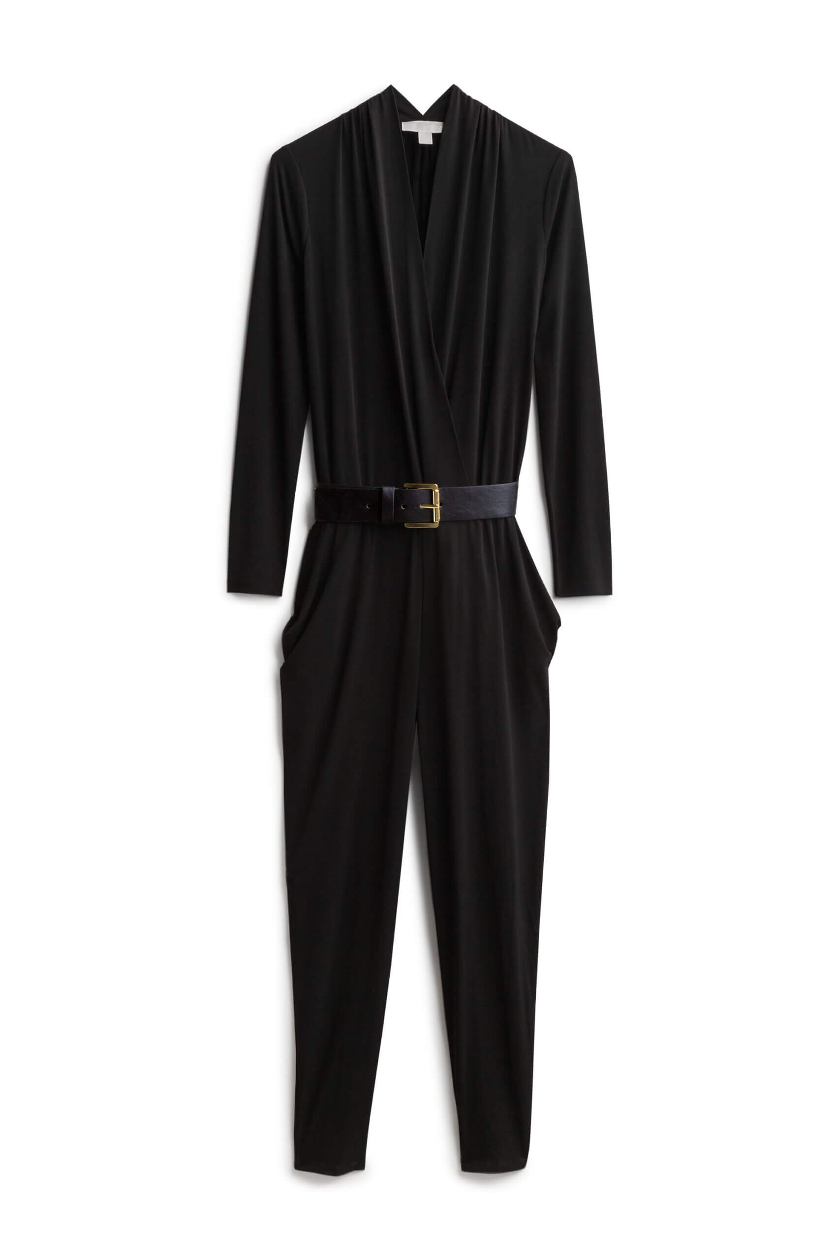 Stitch Fix women’s black jumpsuit with long sleeves and black belt with gold buckle.