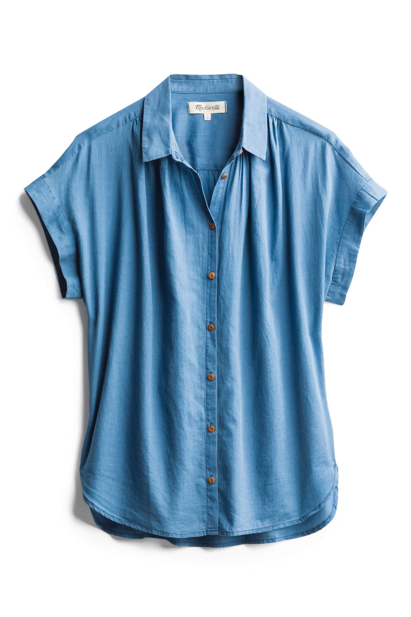 Stitch Fix Women's short-sleeved chambray button-down shirt.