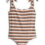 Stitch Fix women’s multi-colored stripe sleeveless bodysuit with tie straps.