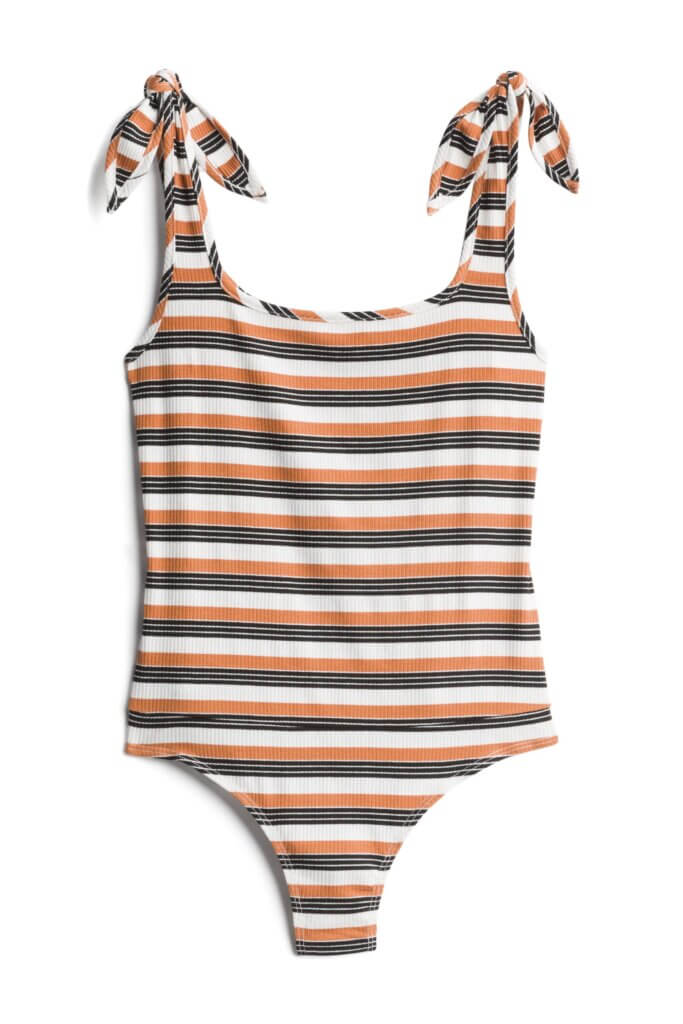Stitch Fix women’s multi-colored stripe sleeveless bodysuit with tie straps.