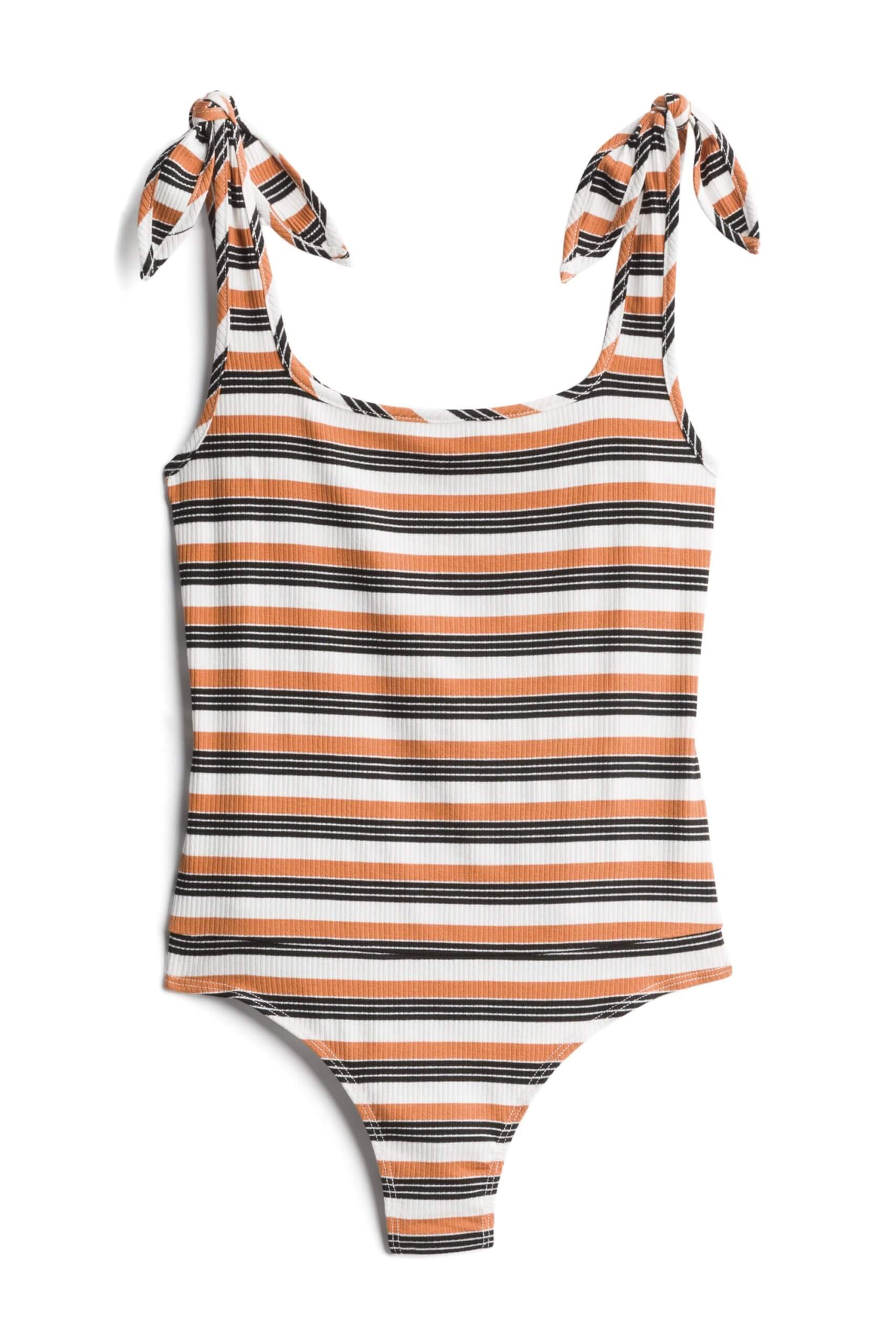 Stitch Fix women’s multi-colored stripe sleeveless bodysuit with tie straps.