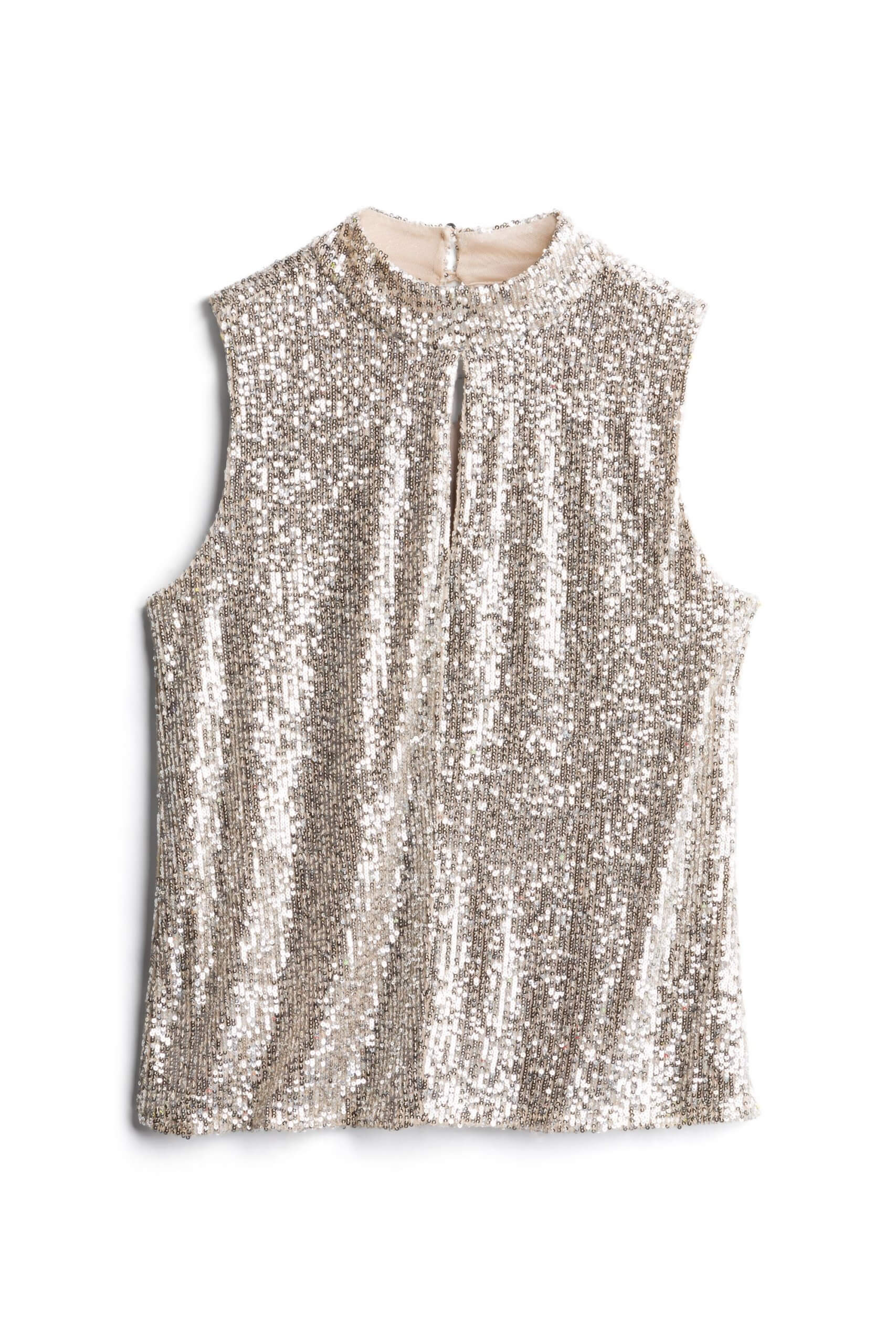 Stitch Fix women’s silver sequin mock-neck sleeveless blouse.