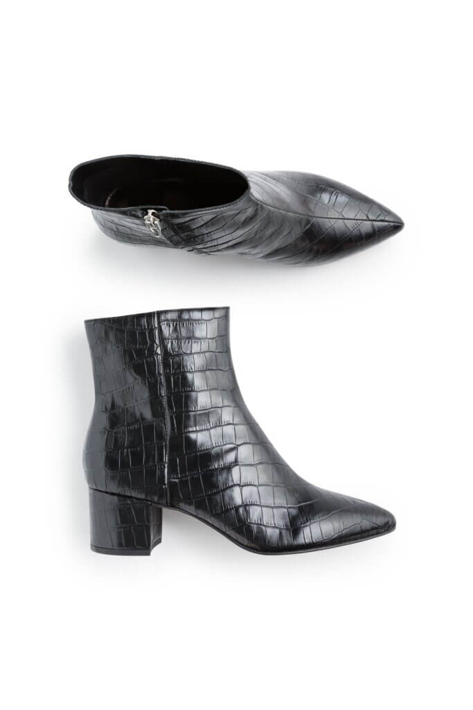 Stitch Fix Women’s Collection black leather ankle boots with embossed crocodile print.