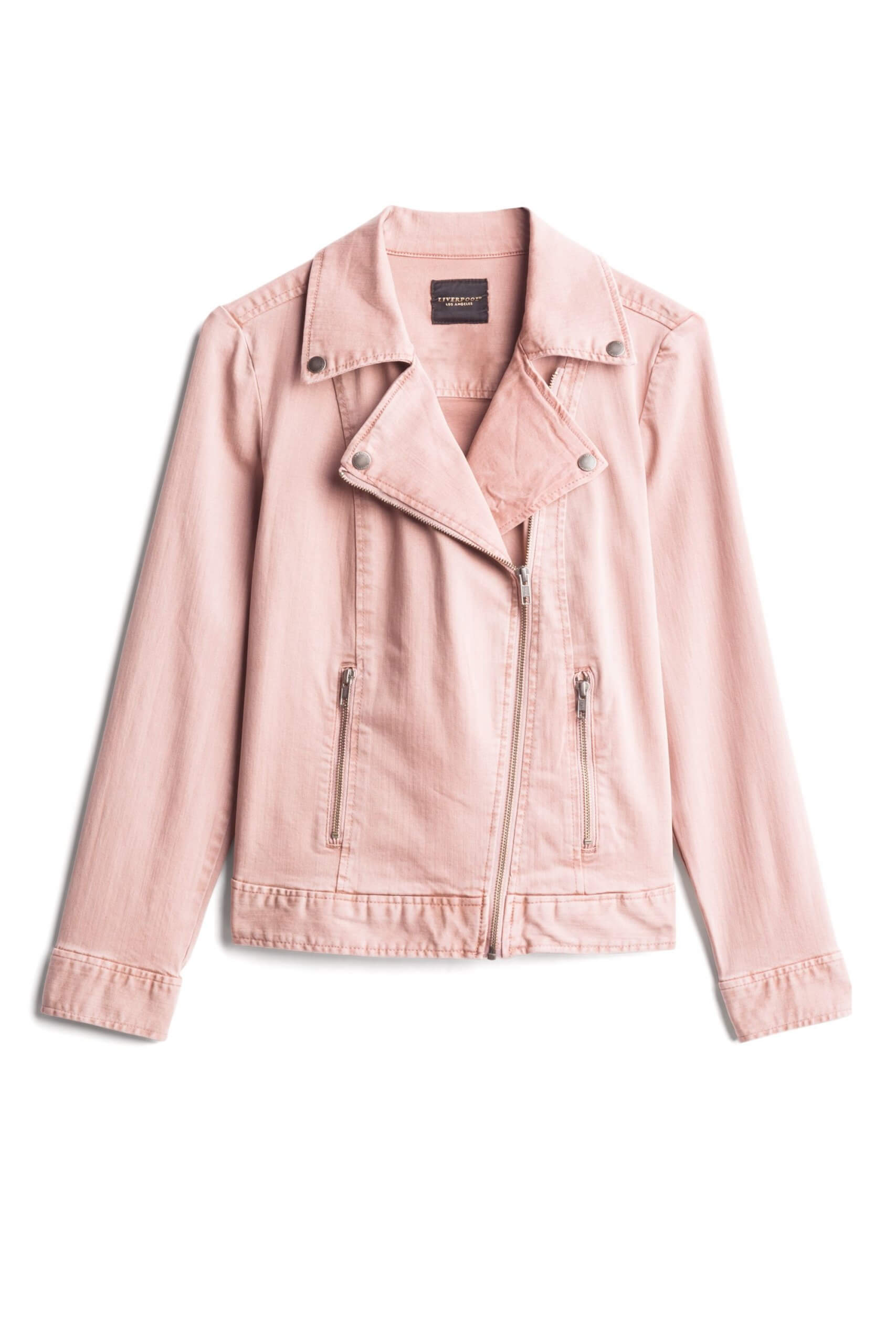Stitch Fix Women's pink denim moto jacket.