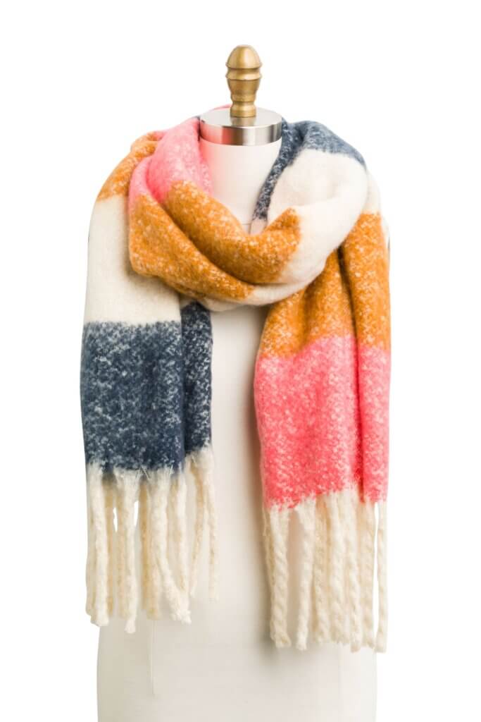 Stitch Fix women’s multicolor striped scarf with fringe trim.