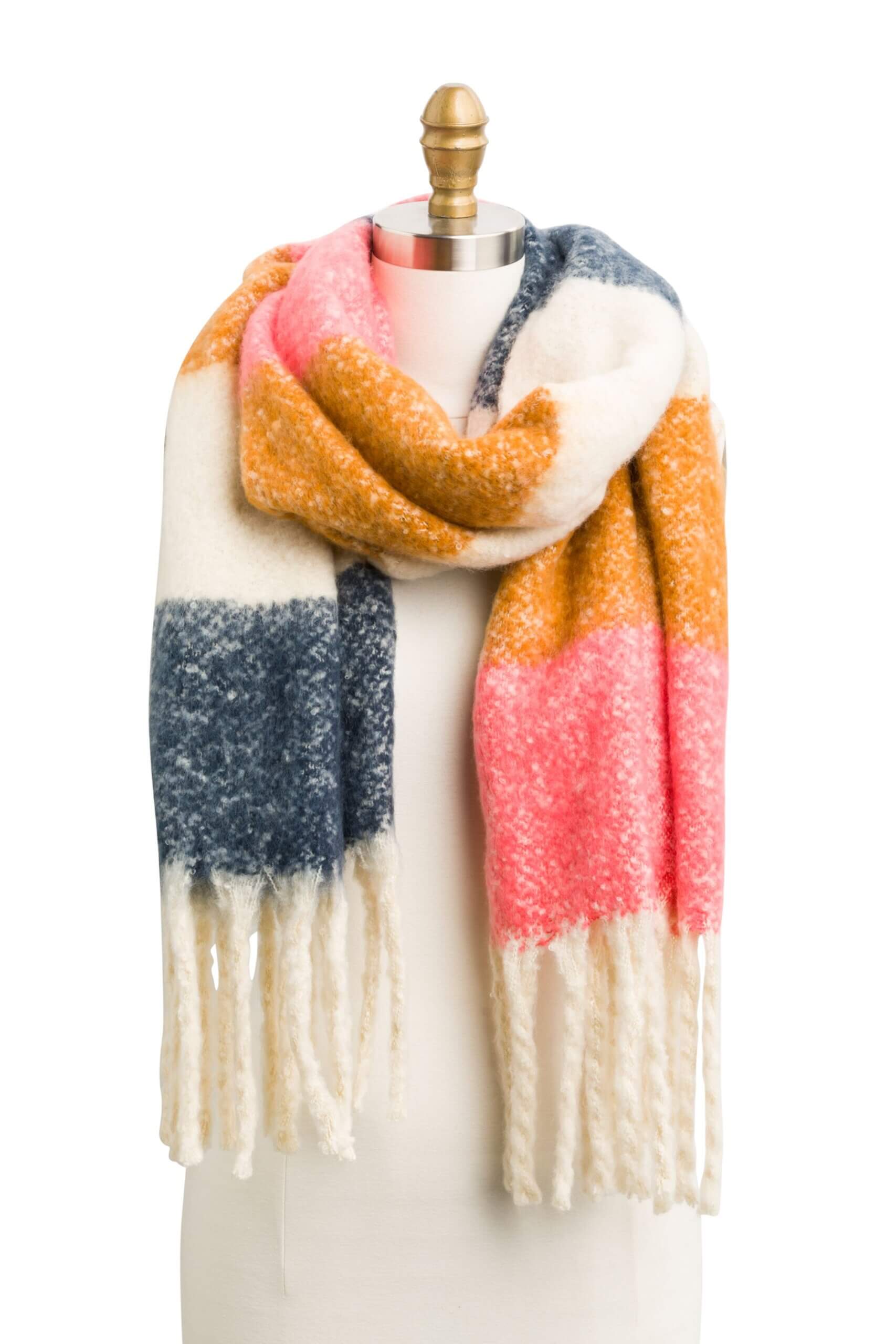 Stitch Fix women’s multicolor striped scarf with fringe trim.