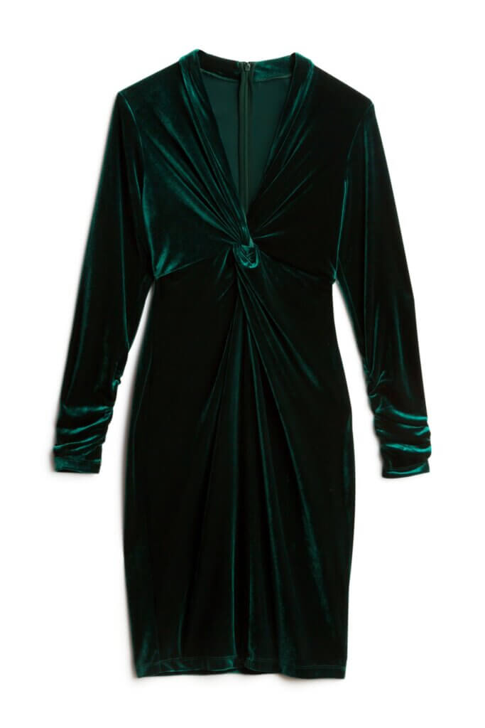 Stitch Fix women’s dark green velvet long-sleeve dress.