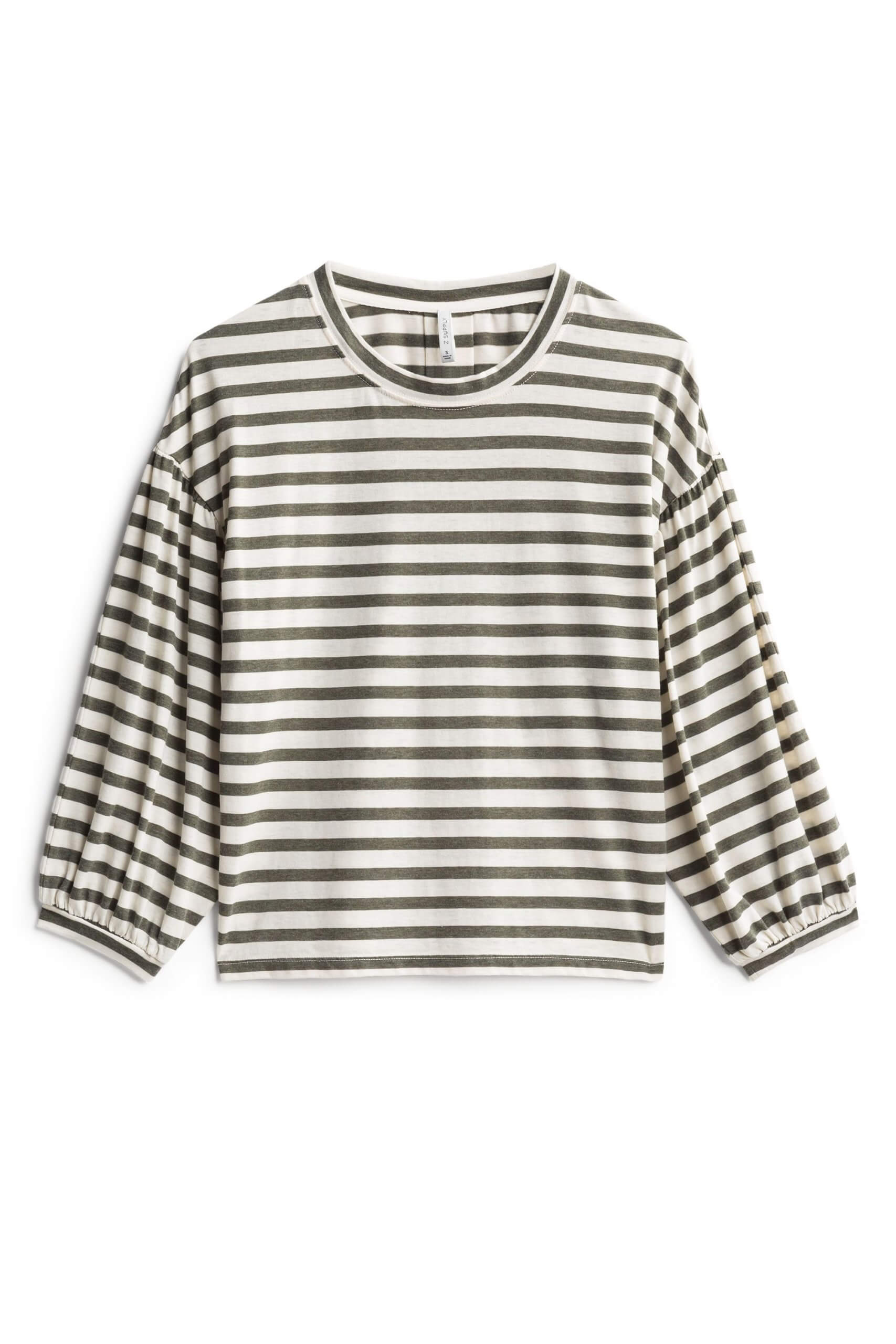 Stitch Fix women’s grey and white striped top with balloon sleeves.