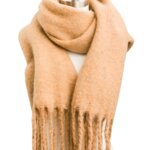 Stitch Fix women’s camel blanket scarf with felted fringe ends on bust form.