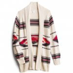 Stitch Fix women’s beige cardigan with red and navy Aztec print.