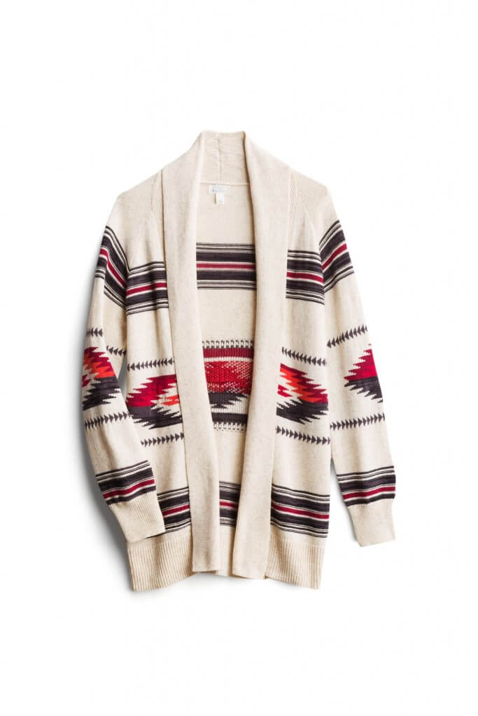 Stitch Fix women’s beige cardigan with red and navy Aztec print.