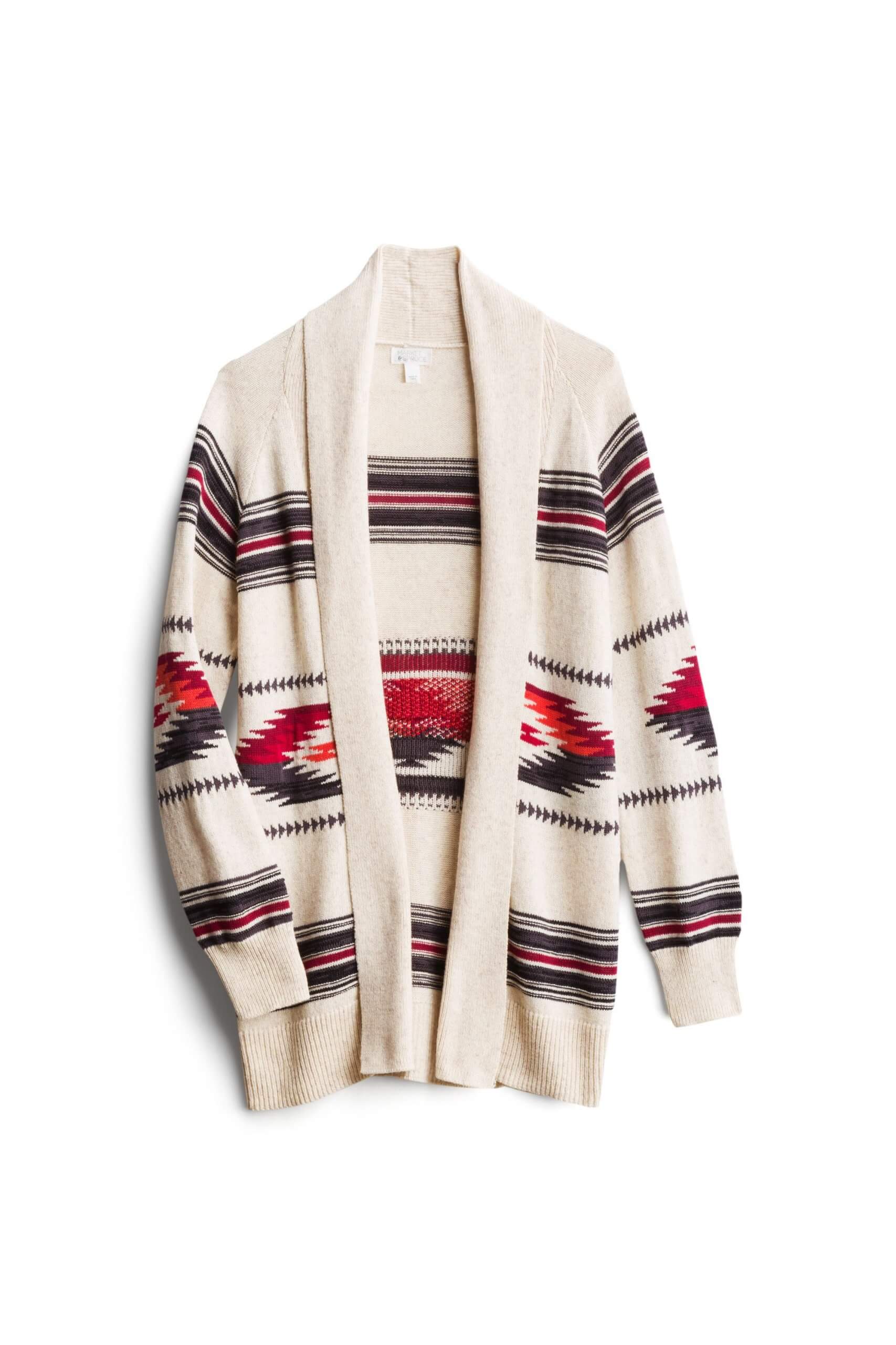 Stitch Fix women’s beige cardigan with red and navy Aztec print.