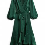 Stitch Fix women’s green wrap dress with tie-waist and balloon sleeves.