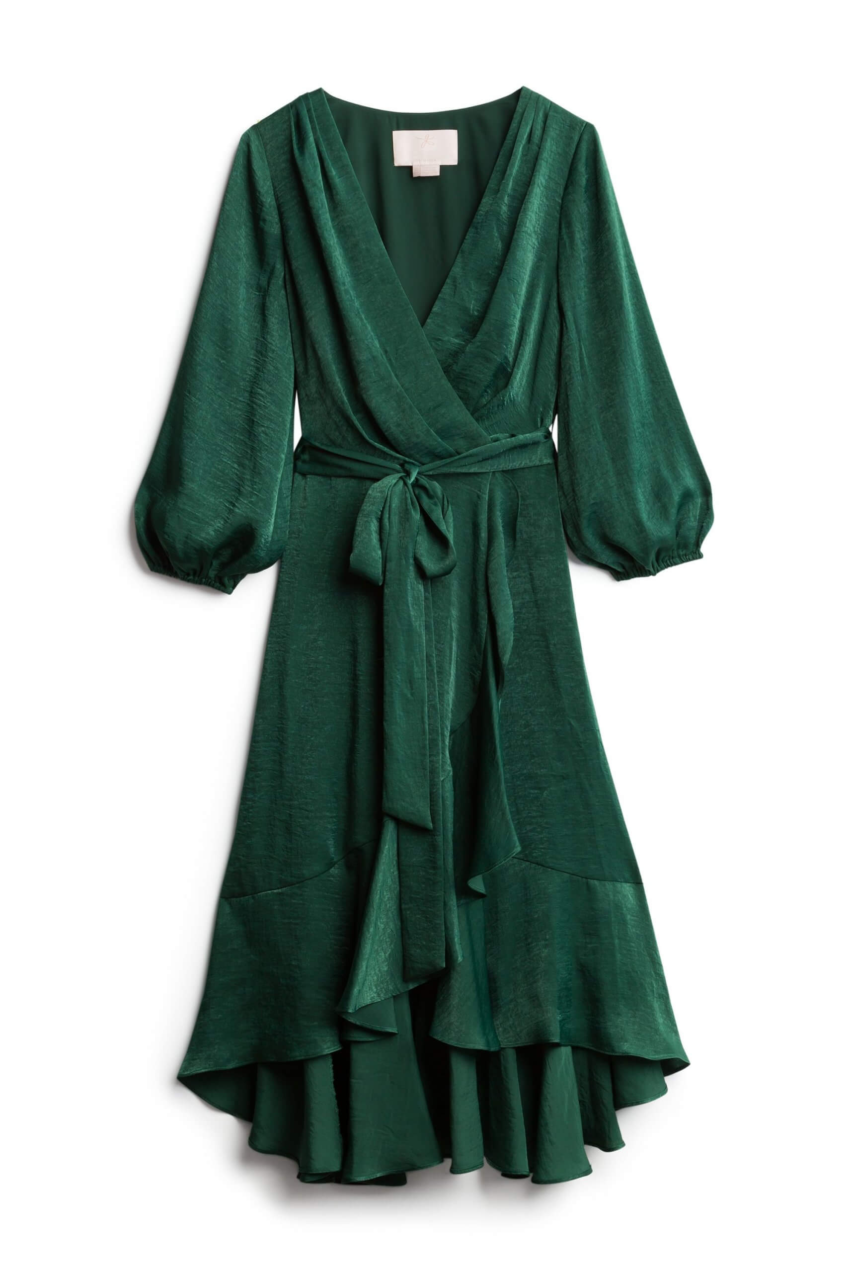 Stitch Fix women’s green wrap dress with tie-waist and balloon sleeves.