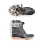 Stitch Fix women’s grey faux fur lace-up snow boots.