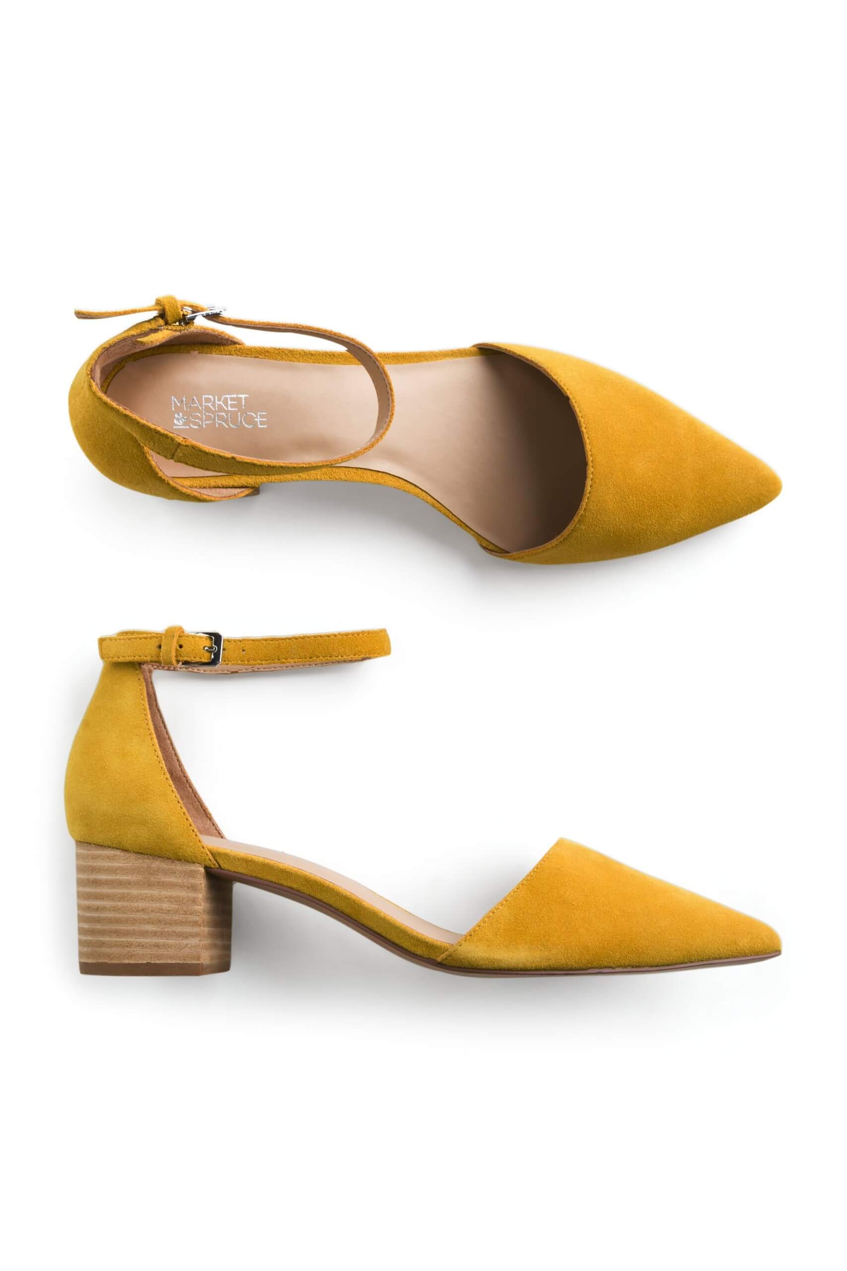 Stitch Fix women’s mustard yellow suede heels with wooden block heel.