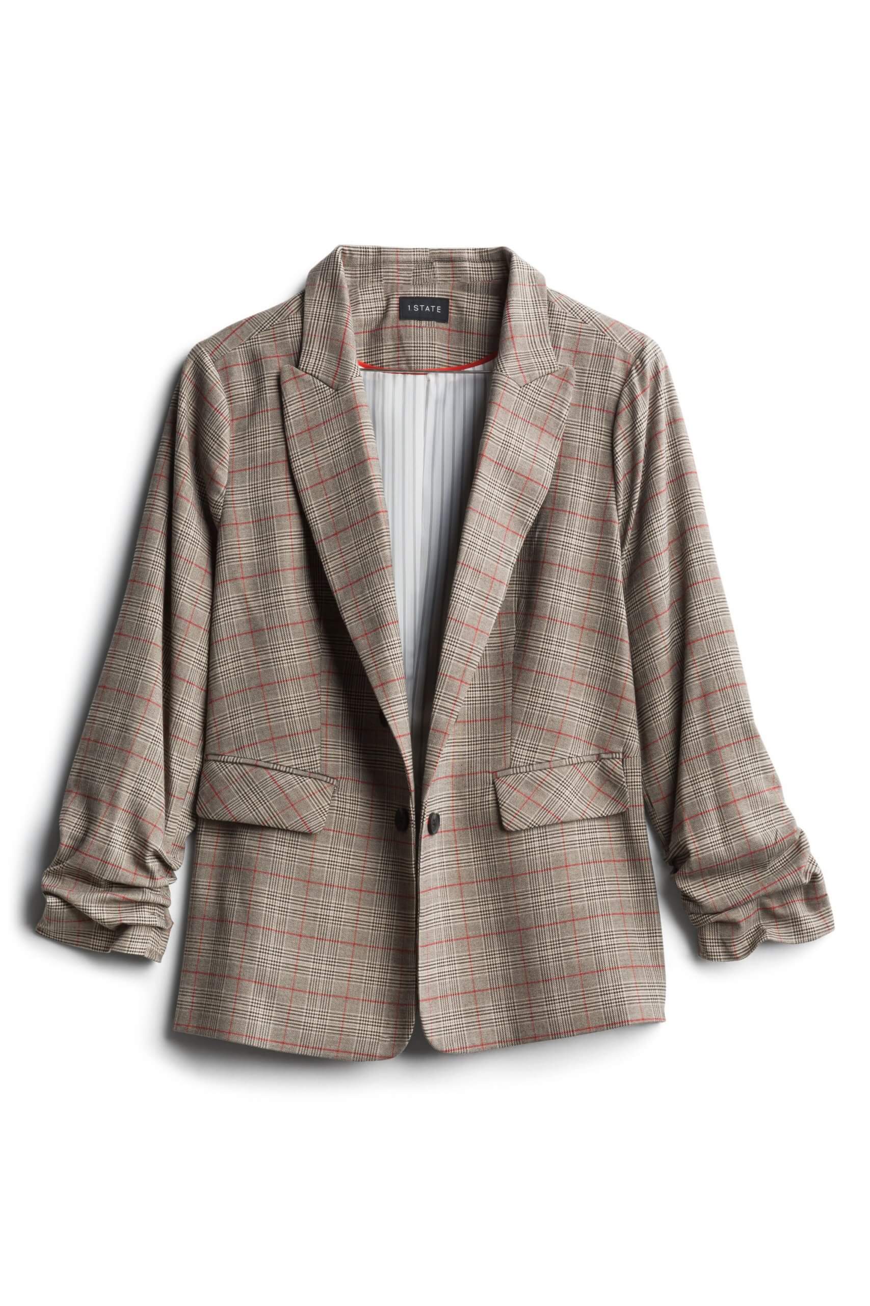 Stitch Fix women’s brown plaid blazer with ruched sleeves.