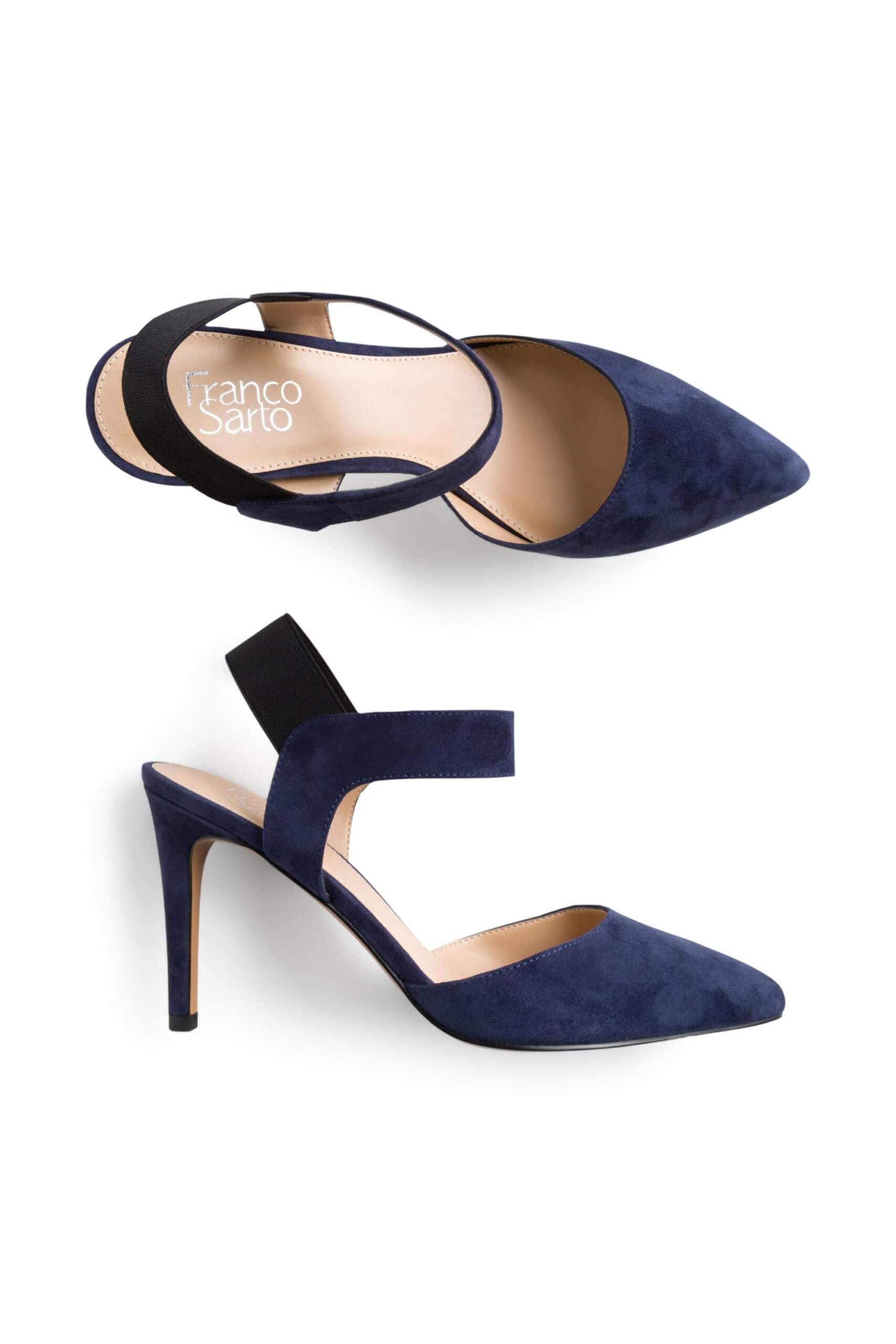 Stitch Fix women’s blue suede heels with black elastic strap.