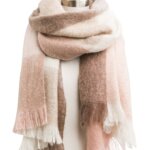 Stitch Fix women's white, tan and pink blanket scarf with fringe ends on bust form.