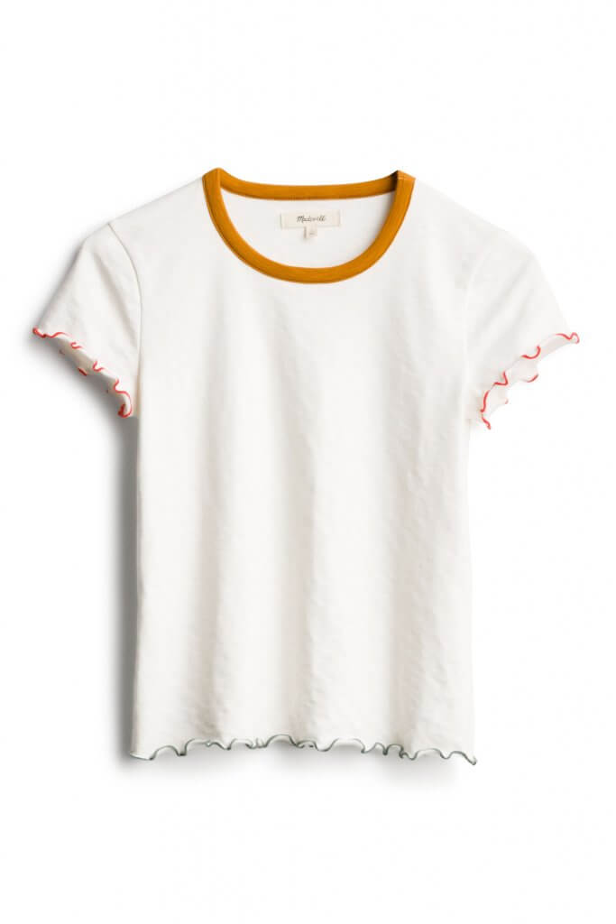 Stitch Fix women’s white tee with mustard ringer neckline.