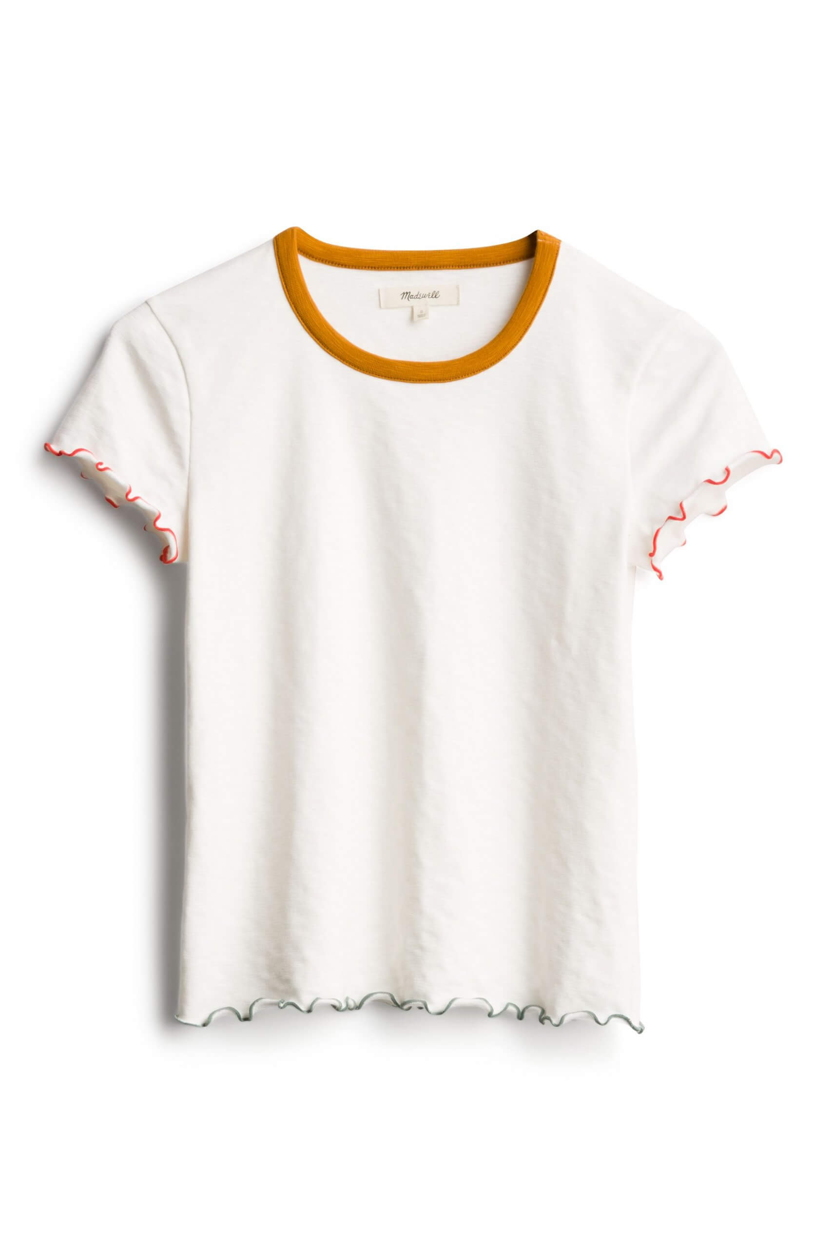Stitch Fix women’s white tee with mustard ringer neckline.