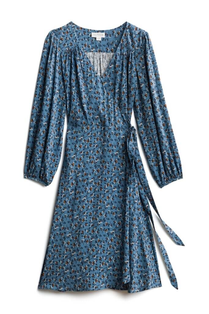 Stitch Fix Summer Cocktail Attire navy floral wrap dress with balloon sleeves.