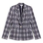 Stitch Fix women’s navy and grey glen plaid blazer with gold button closure.