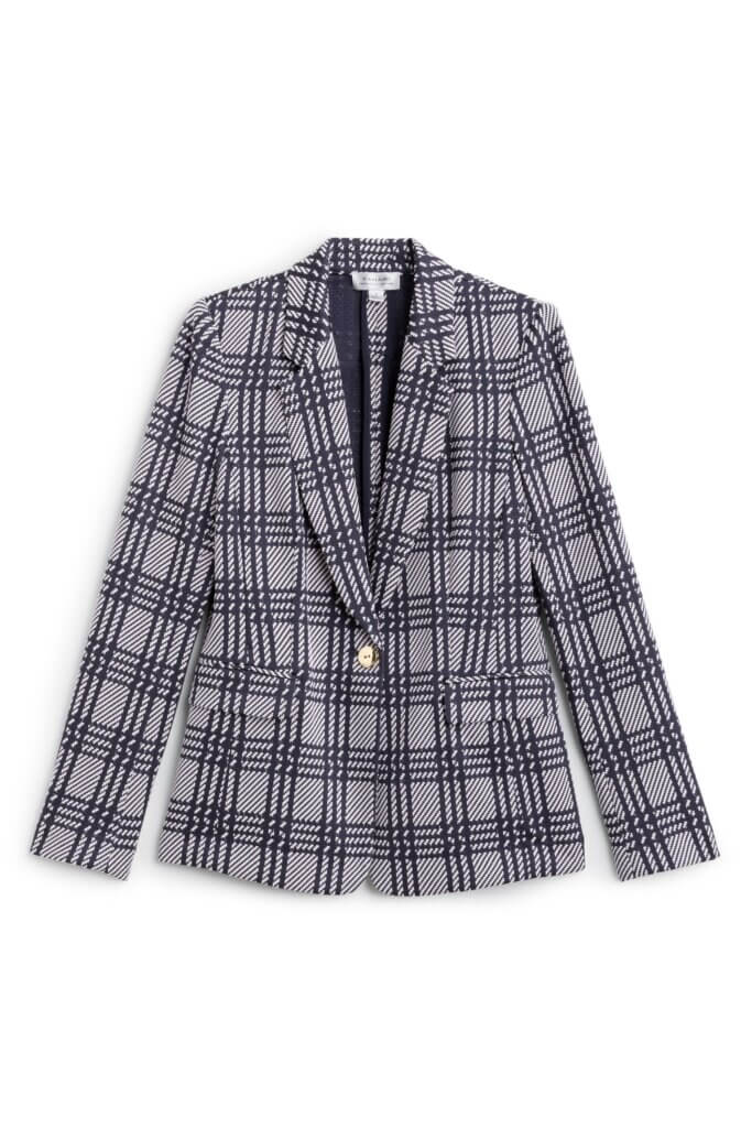 Stitch Fix women’s navy and grey glen plaid blazer with gold button closure.