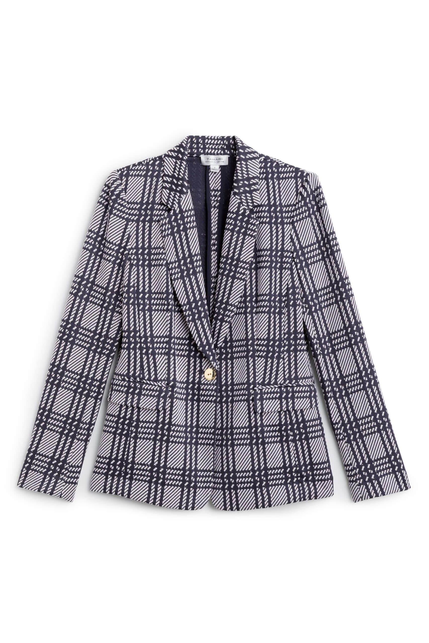 Stitch Fix women’s navy and grey glen plaid blazer with gold button closure.