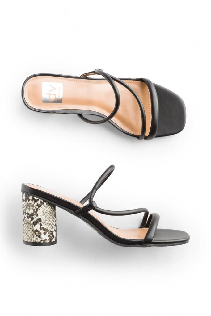 Stitch Fix women’s black sandals with snakeskin print block heels.