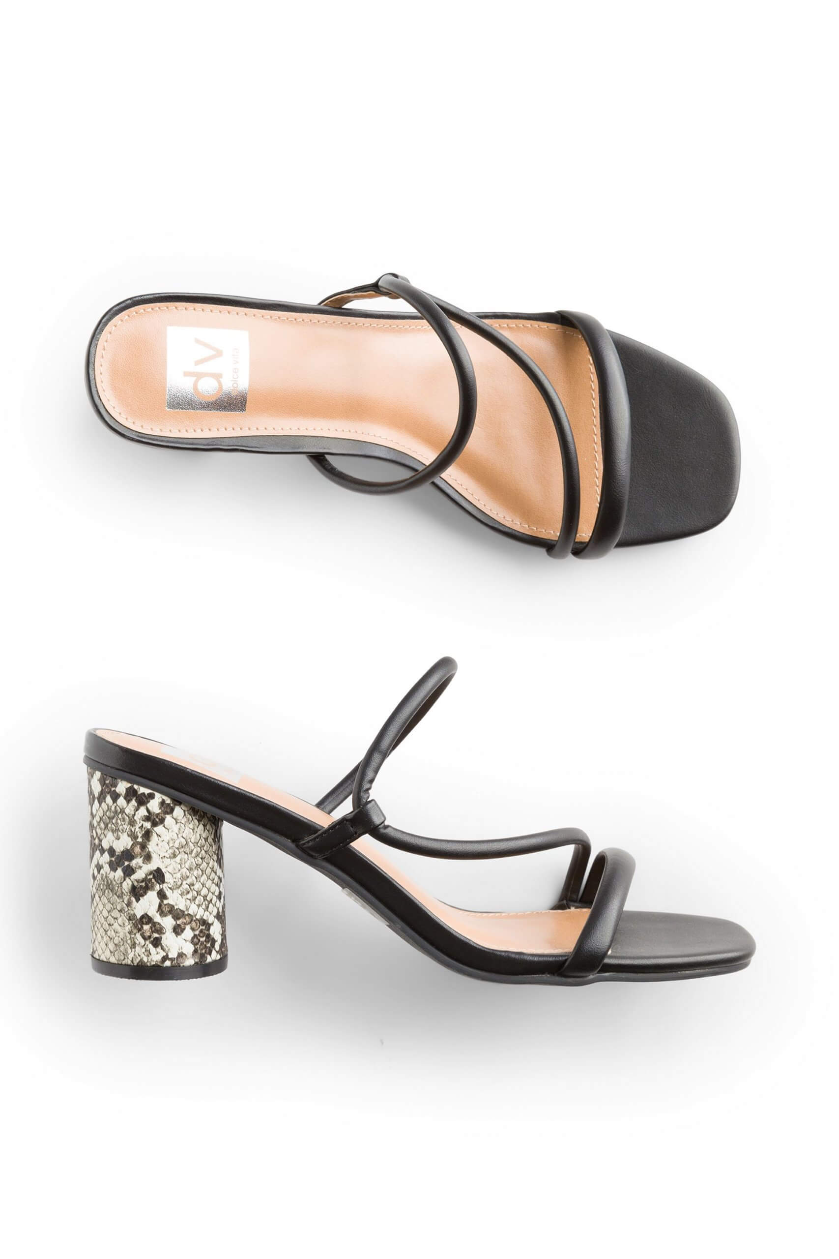 Stitch Fix Women’s black strappy sandal with a snakeskin heel.