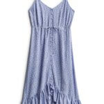 Stitch Fix Summer Cocktail Attire blue ditsy floral printed dress with ruffle hem. 