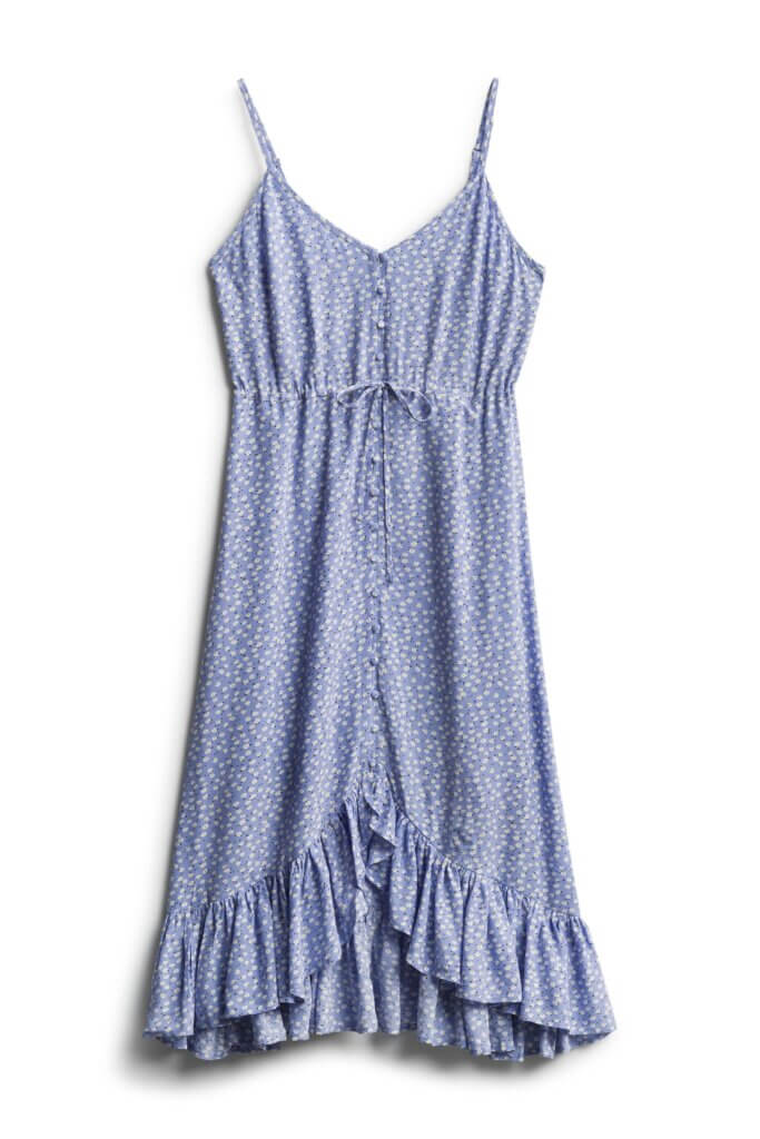 Stitch Fix Summer Cocktail Attire blue ditsy floral printed dress with ruffle hem.
