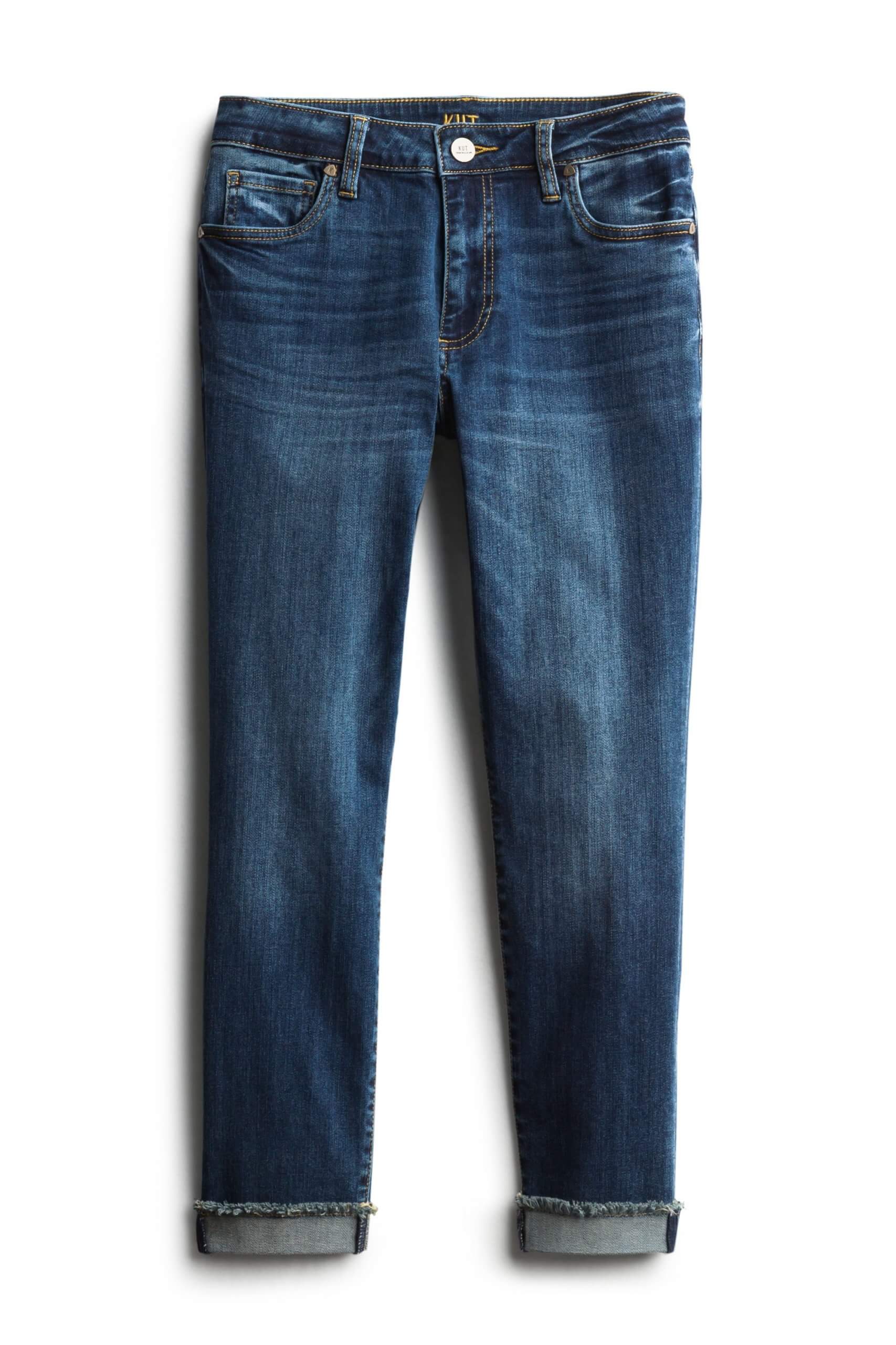 Stitch Fix women’s petite cuffed skinny jeans in dark blue wash.