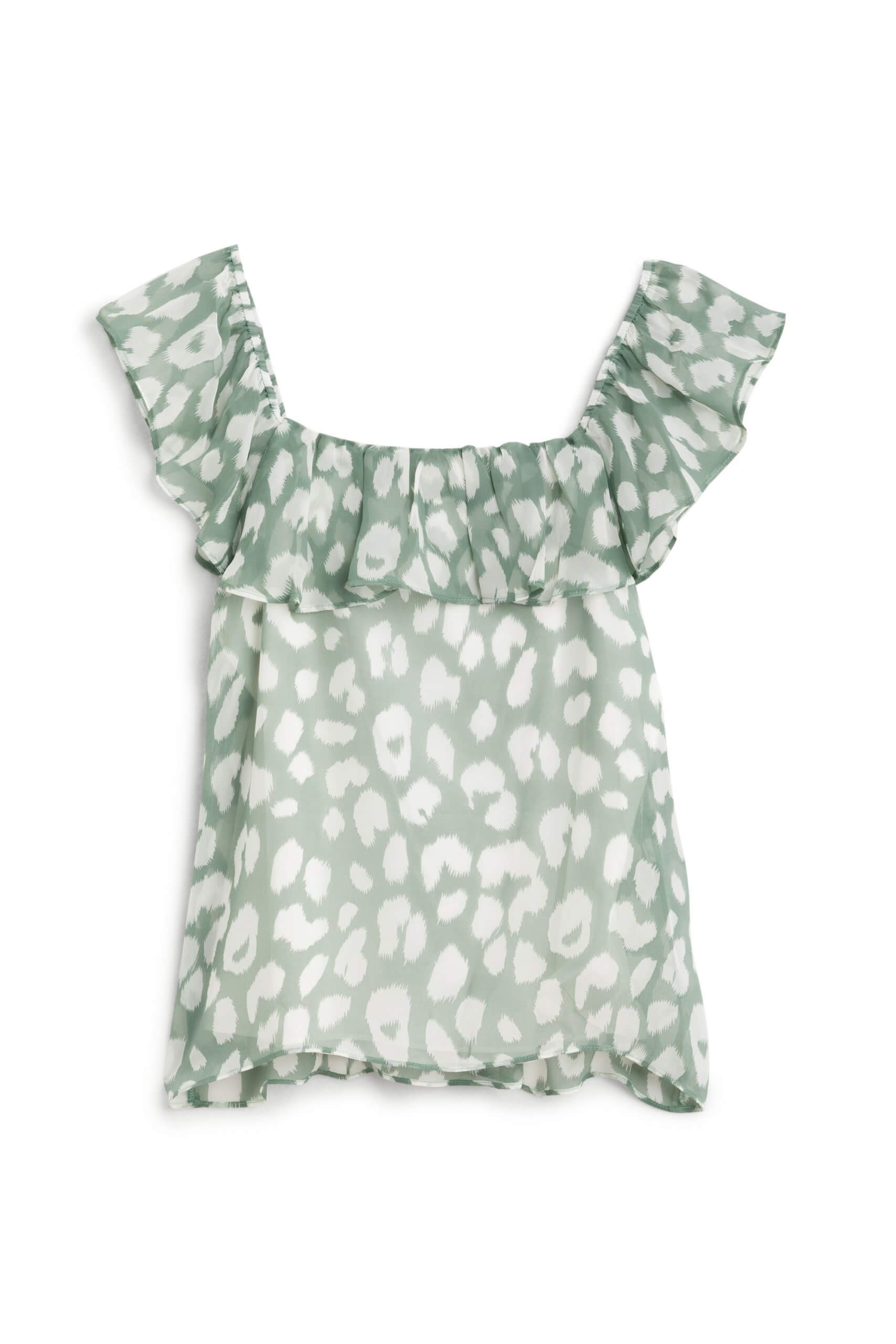 Stitch Fix women’s sleeveless green print blouse with ruffle trim.